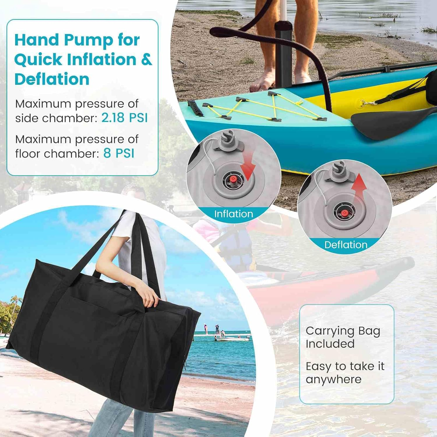 Costway Inflatable Kayak Set, 2-Person Kayak with Aluminium Oars, EVA Padded Seat, High Back Support, Hand Pump & Repair Kit, 230 Kg Weight Capacity, Portable Kayak with Carry Bag - Blue image number 4