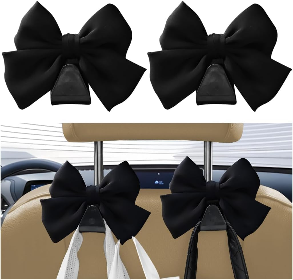 Car Seat Bow Hooks with Bowknot Design, 2Pcs Bowknot Bag Hanger for Vehicle Seats,Bow-Knot Vehicle Seat Bag Hanger,Cute Bow-Knot Purse and Bag Holder Hangers for Car Seat, Black image number 5