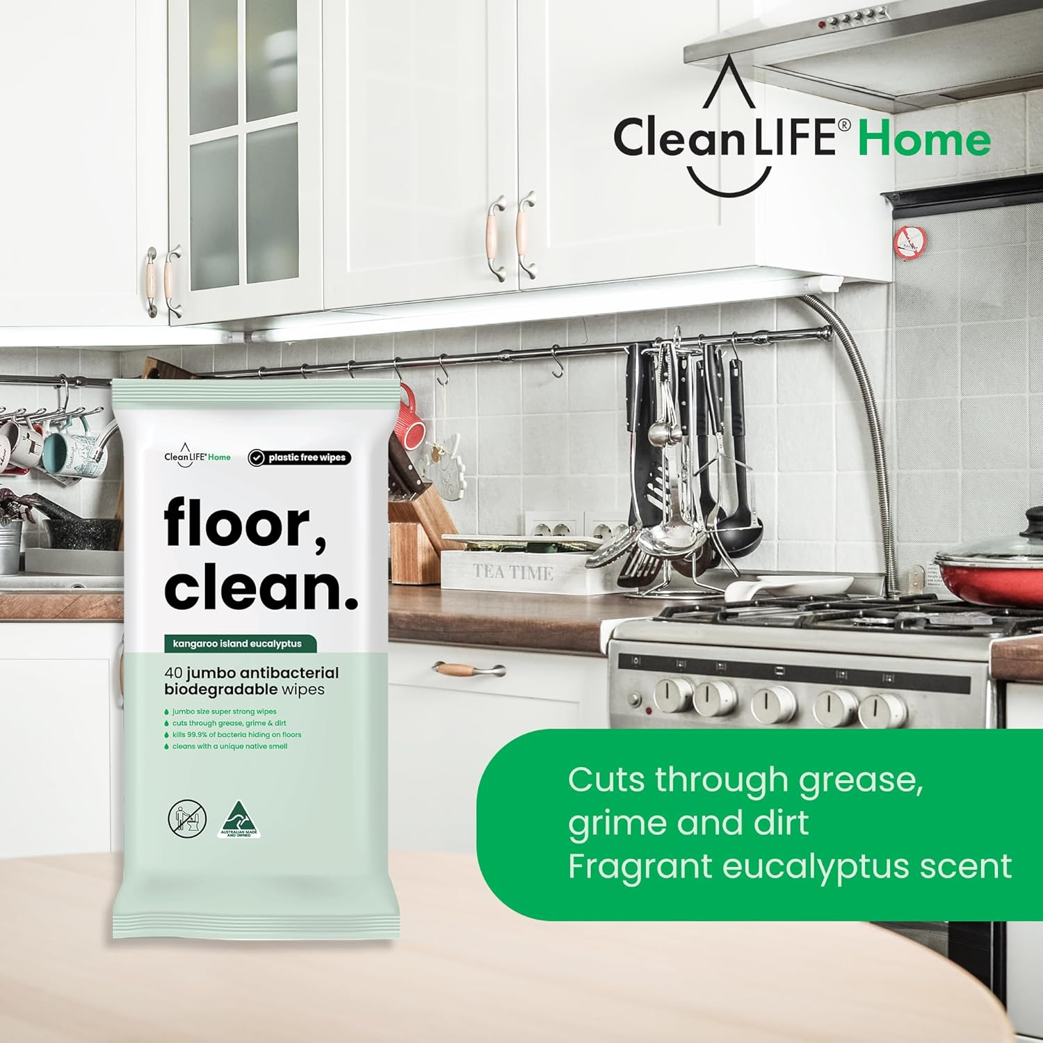 Cleanlife Disinfecting Floor Wipes - Biodegradable Plant-Based Wet Pads, Mop-Compatible Quick Sanitising, Disinfectant Cleaner, 40 Wipes Pack image number 3