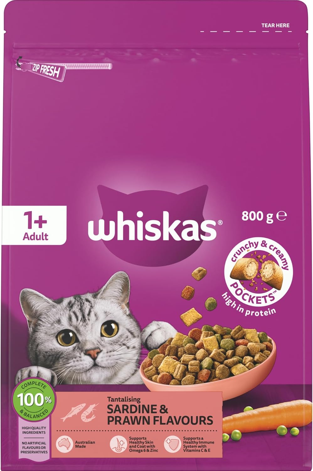 Whiskas Sardine and Prawn Adult Dry Cat Food 800 G Bag, 6 Pack