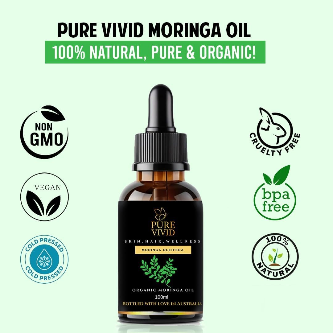Pure Vivid Organic Moringa Oil &ndash; 100Ml Cold Pressed| 100% Pure | | Natural Carrier Oil for Skin, Hair & DIY Blends | Moringa Oleifera | Glass Dropper Bottle image number 4