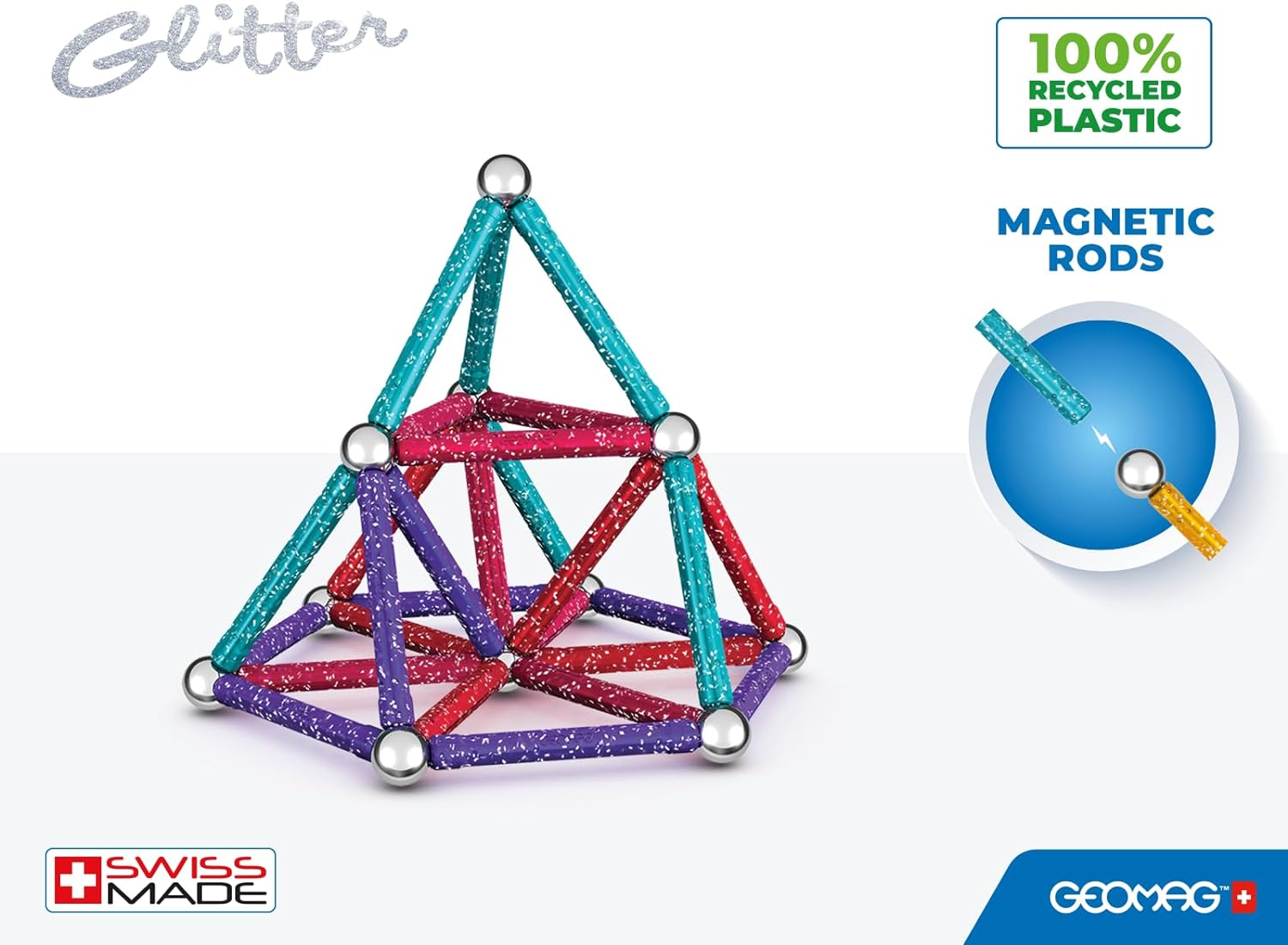 Geomag, Recycled Glitter, Magnetic Constructions with Glitter Effect, Colorful and Glittery Magnetic Bars, 60-Piece Pack, 100% Recycled Plastic, White
