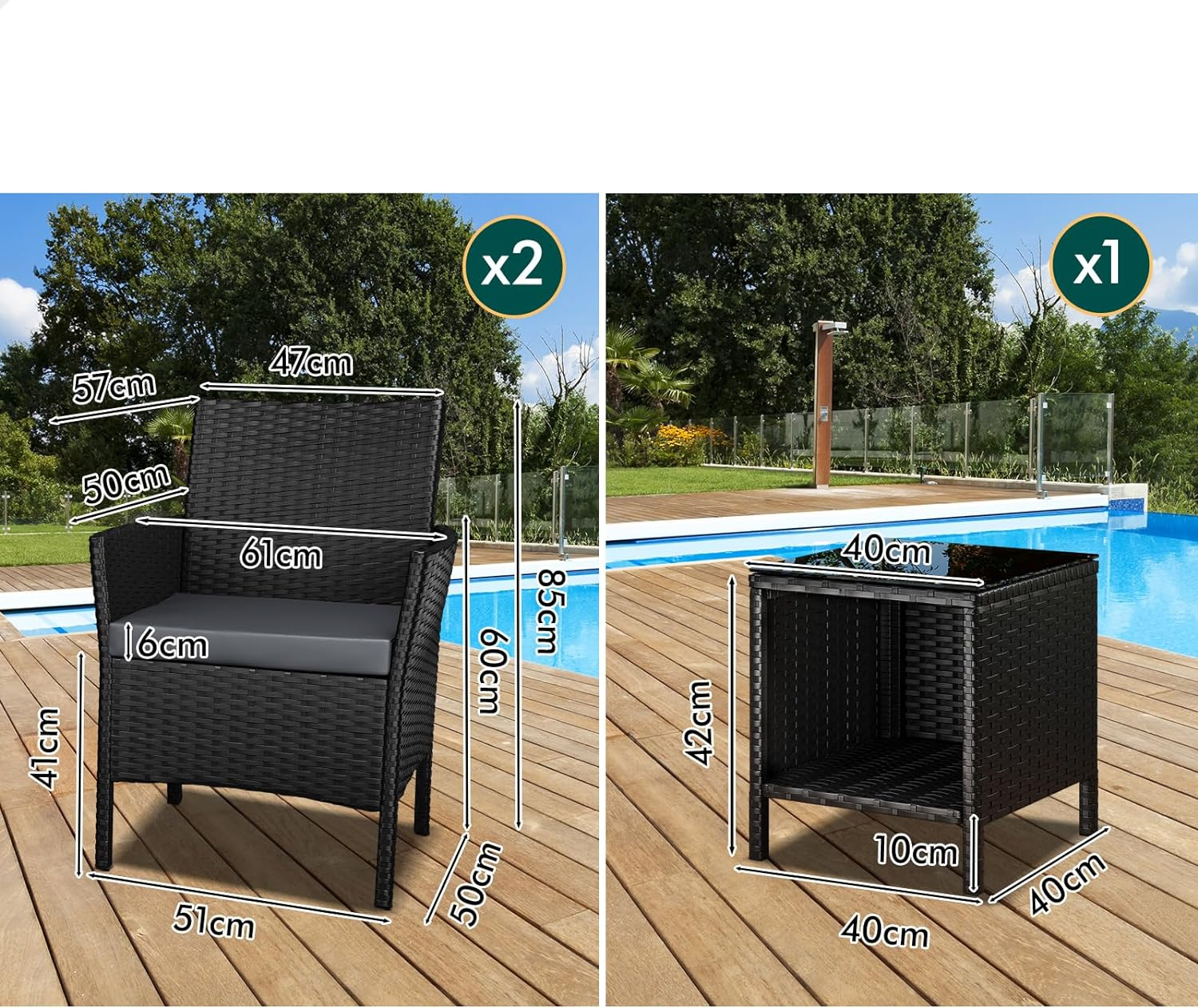 ALFORDSON Outdoor Patio Furniture 3Pcs Conversation Set, Wicker 3 Pieces Lounge Chair & Glass Coffee Table Setting, Steel Frame Garden Rattan Sofa with Cushions, Black image number 2