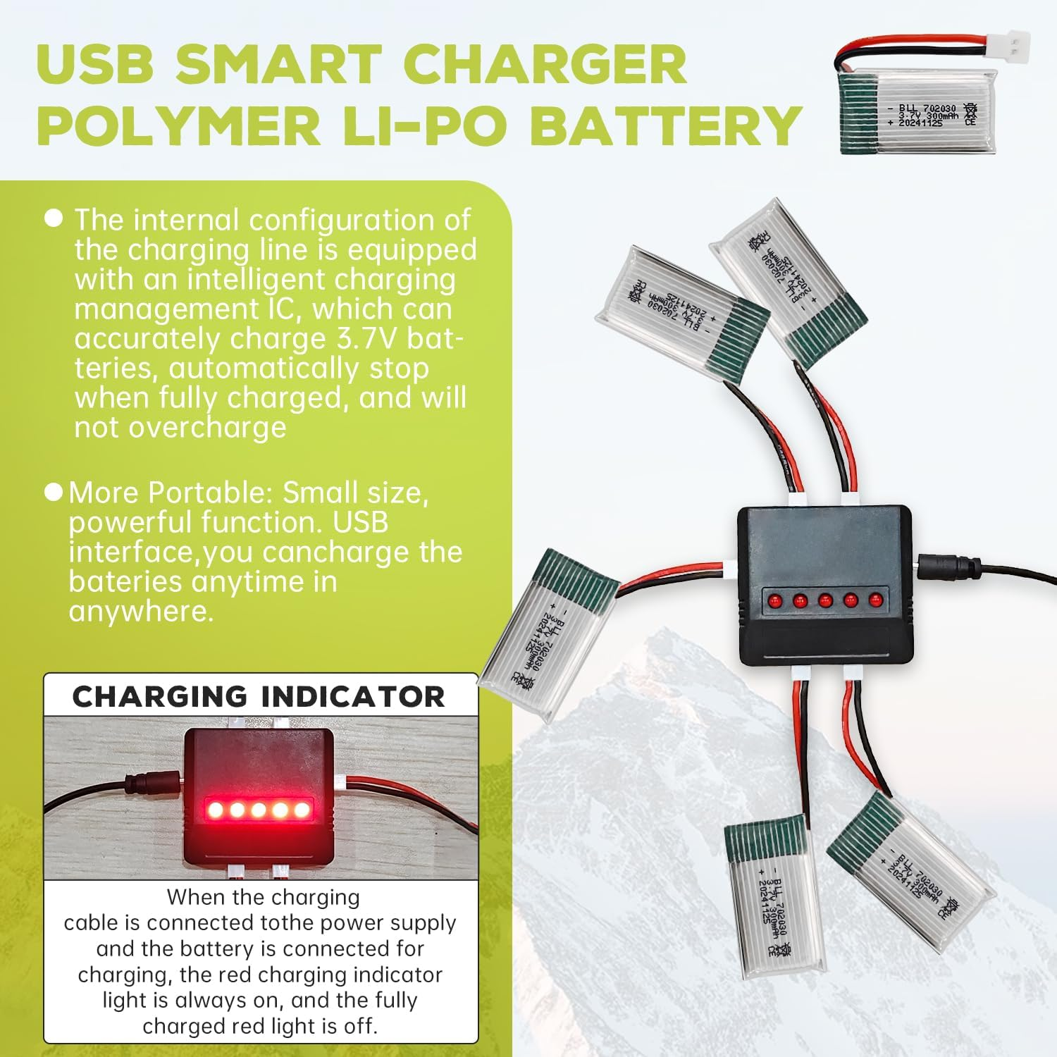 5PCS 3.7V 300Mah Lithium Battery with 5In1 Charger for Syma S39 X11C Wltoys V911S A120 XK A150 V966 FX801 UDI U816A Hubsan H107L F180W F180C HS170 HS170C HS177 Quadcopter Drone Battery image number 5