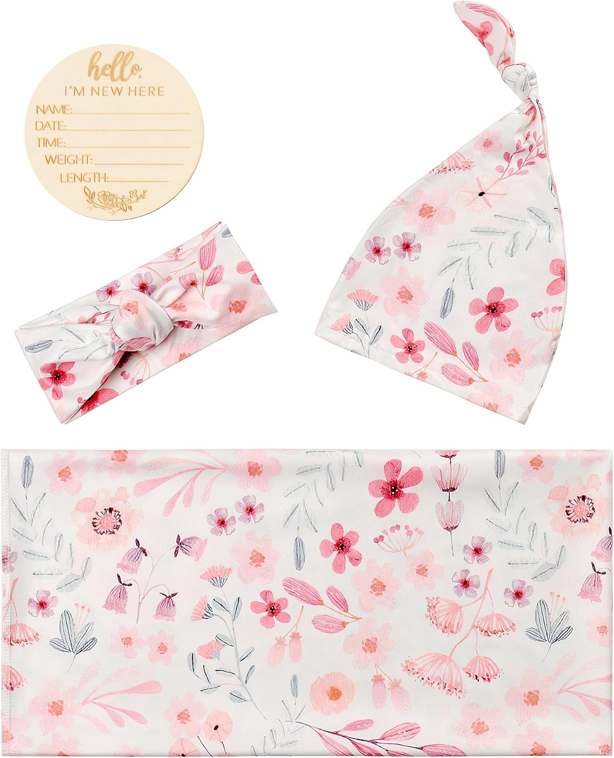 Newborn Floral Print Blanket Baby Stretch Wrap Swaddle Blanket Receiving Blanket with Matching Headband and Beanie (Small Flower and Leaf) image number 2