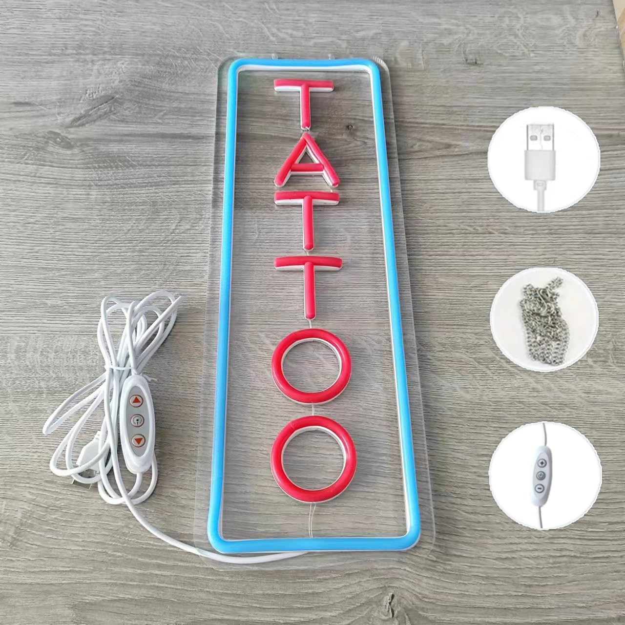 Dimmable Tattoo Neon Sign,Led Reusable Neon Signs,Arylic Ice Blue Tattoo Shop Sign with Dimmer for Tattoo Salon, Studio, Shop Plaque,Tattoo Gifts for Friends,16X5.9In(Blue+Red) image number 2