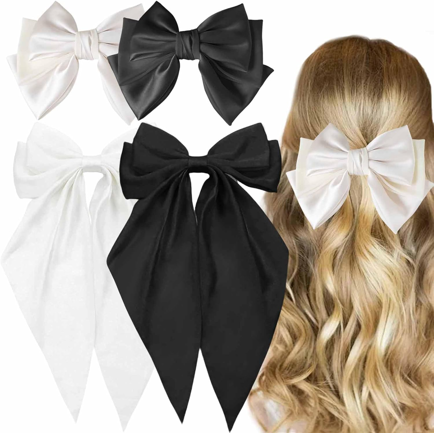 4 PCS Hair Bows for Women Girls Oversized Bow Hair Clips Black White Long Tail Hair Ribbon Metal Spring Clips Vintage Silky Satin Barrettes Ponytail Headdress French Large Bowknot Hair Accessories image number 6