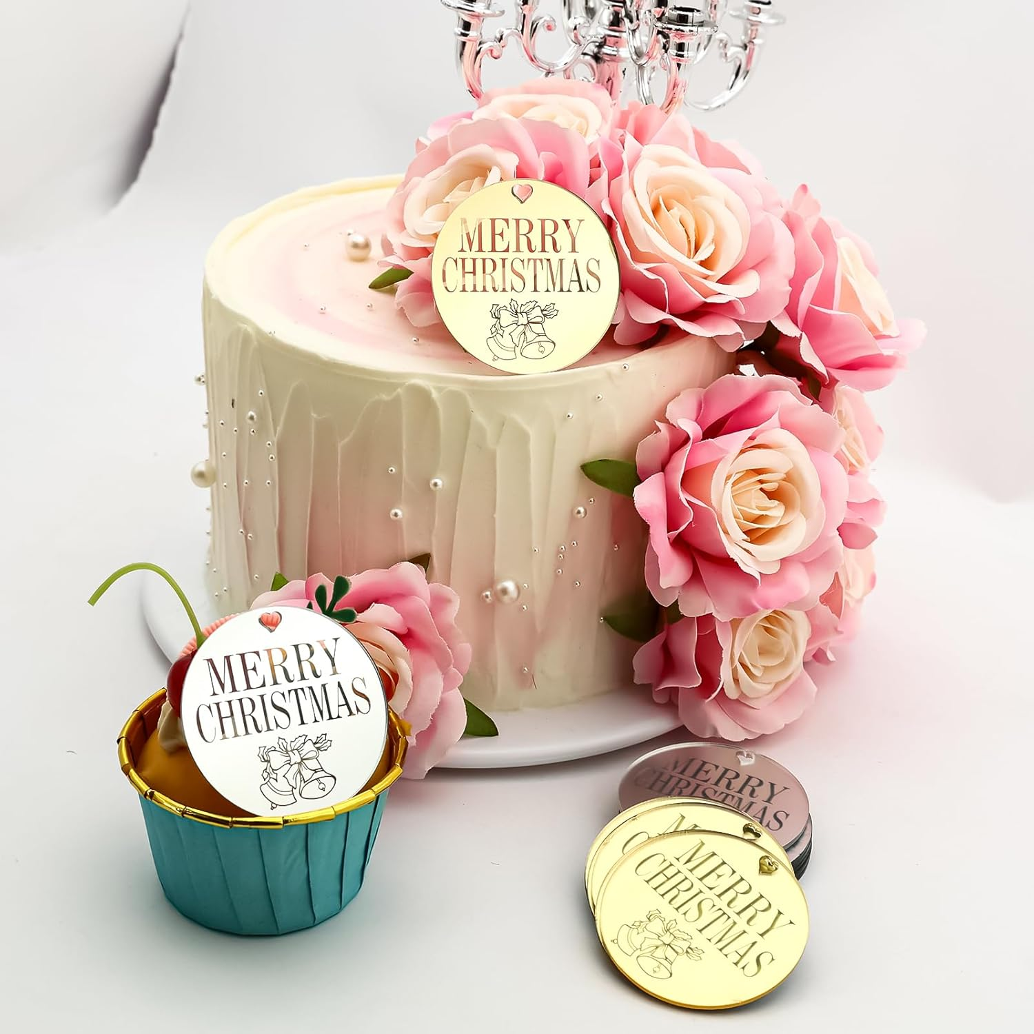 3 LITTLE DESSERTS Engraved Acrylic Cupcake Toppers - Set of 6 - Christmas Cupcake Toppers - Reusable Cupcake Discs - Christmas Cake Toppers - Christmas Party Decorations - Bell Christmas - Gold.. image number 2