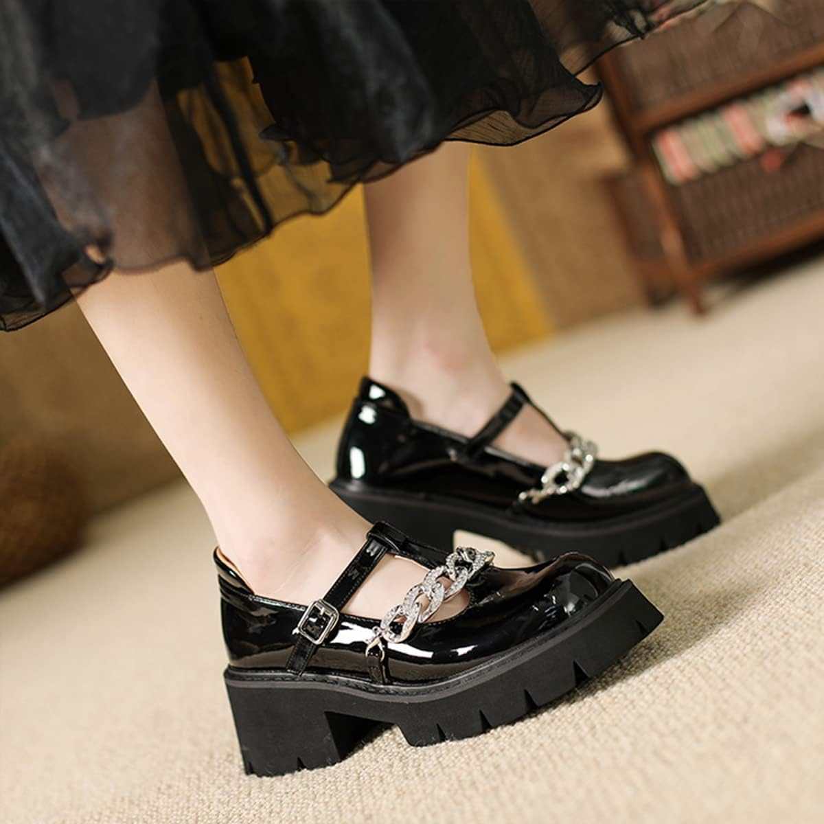 Galindopia Women Fashion Platform Loafers Lug Sole Slip on Square Toe Mary Jane image number 6