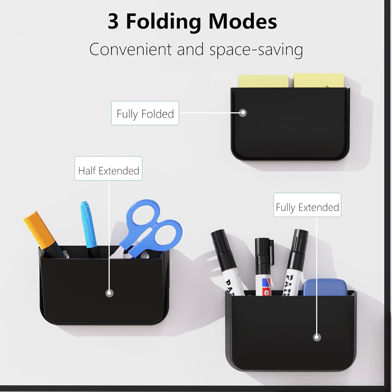 Magnetic Dry Erase Marker Holder Foldable Whiteboard Magnetic Pencil Cup 3-Slot Adjustable Marker Caddy, Full-Back Magnet Pen Organizer for Whiteboard/Fridge/Office - Black image number 4