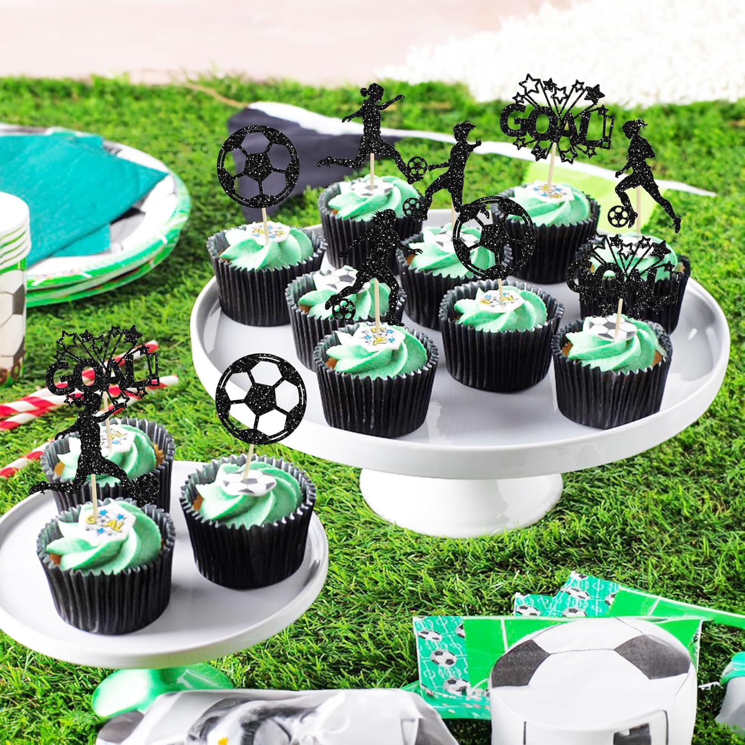 Ephlyn 24Pcs Soccer Cupcake Toppers Glitter Women Girl Football Cake Decorations Sports Theme Cupcake Picks for Soccer Party Decoration Baby Shower Cake Decoration image number 6