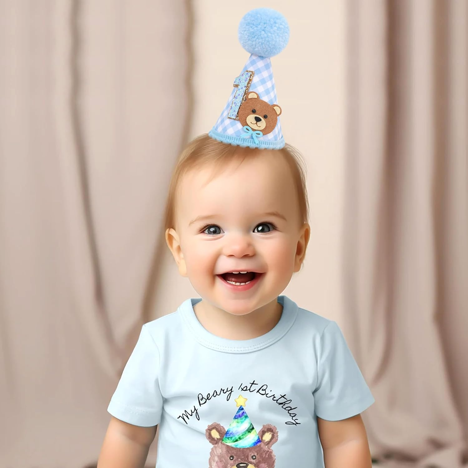 Bear 1St Birthday Hat for Girls/Boys - Bear First Birthday Decorations,Twins Baby One Birthday Hat,Twins Bear Shower - Pink image number 3