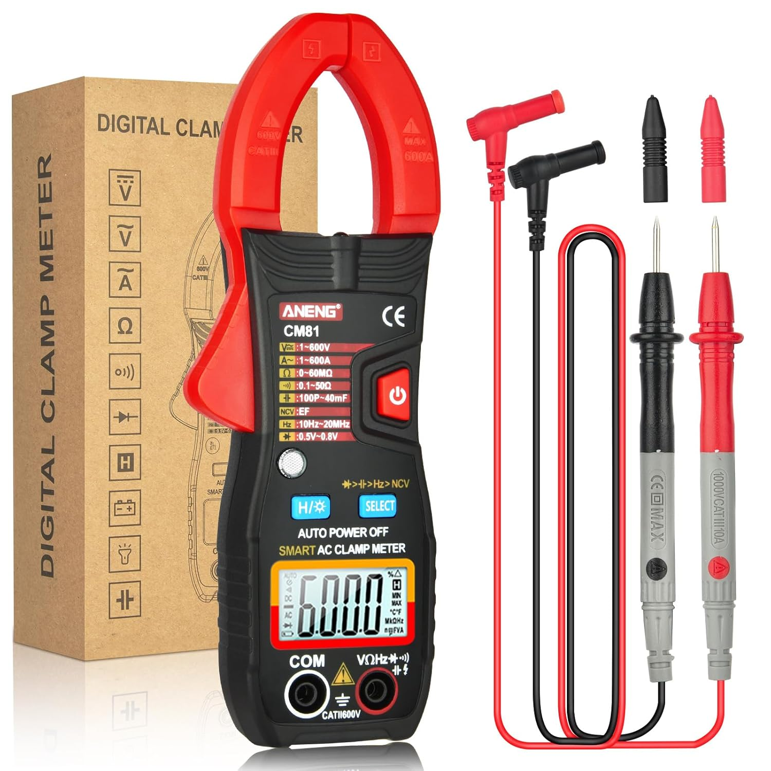Digital Clamp Meter, Multimeter Voltage Tester Auto-Ranging 6000 Counts, Current Voltage Resistance Frequency Capacitance Temperature Diodes Continuity Duty-Cycle Tester Multimeter image number 4