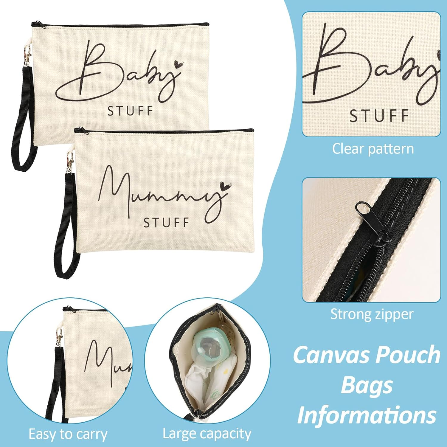 2 Pcs Mum to Be Gifts, New Mum Gifts, Baby Shower Gifts for Mum, White Cosmetic Bags Canvas Pouch Bags with Zipper for Pregnant Women New Mom Gifts image number 1