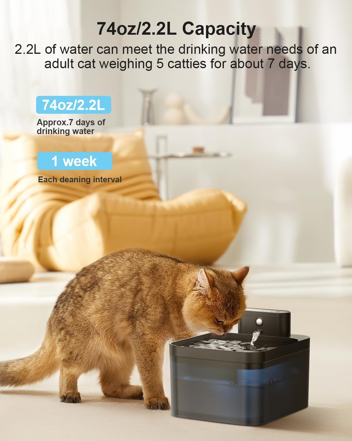 Wireless Cat Fountain, 2.2 L Drinking Fountain for Cats, Cat Drinking Fountain, Super Quiet Pump with LED and Activated Carbon Filter (3 Replacement Filters + 3 Sponges) image number 2