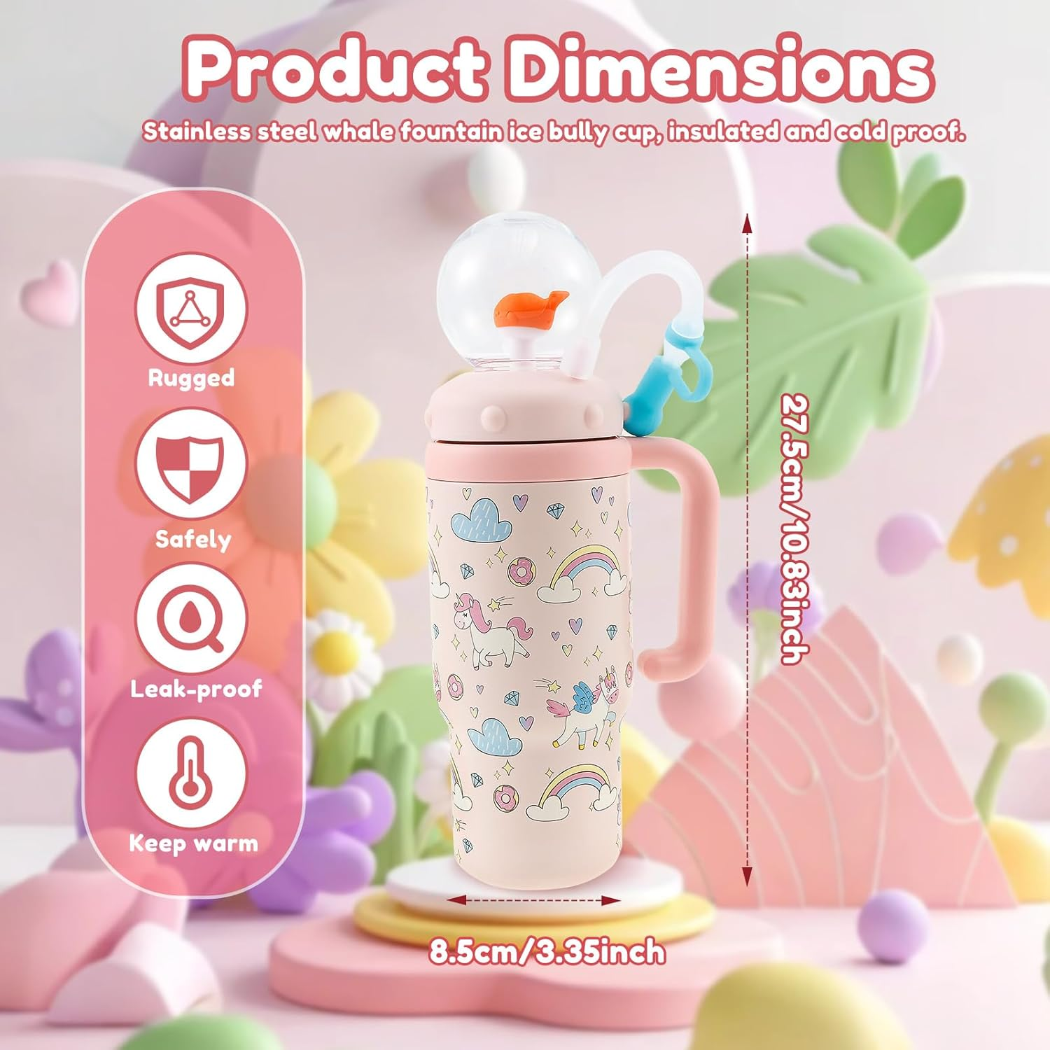 Hnvdkln 24Oz Stainless Steel Whale Fountain Tumbler, Whale Squirt Insulated Travel Tumblers with Lids and Straws, Leakproof Drinking Cup Cute for Kids Teens Adults (Pink) image number 1