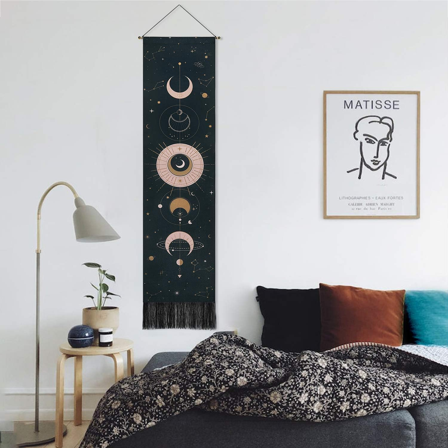 Jufay Moon Phase Tapestry Wall Hanging Art Bohemian Tapestry Black for Room (Black, 12.8 X 51.2 Inches) image number 2