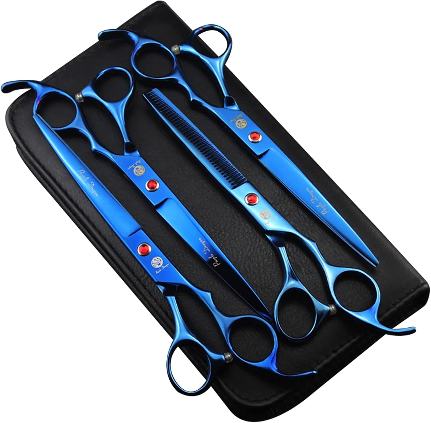 Purple Dragon Professional 7.0 Inch 4PCS Pet Grooming Scissors Kit Japan Premium Steel Straight & Curved & Thinning Blade Dog Hair Cutting Shears Set with Case (Blue)