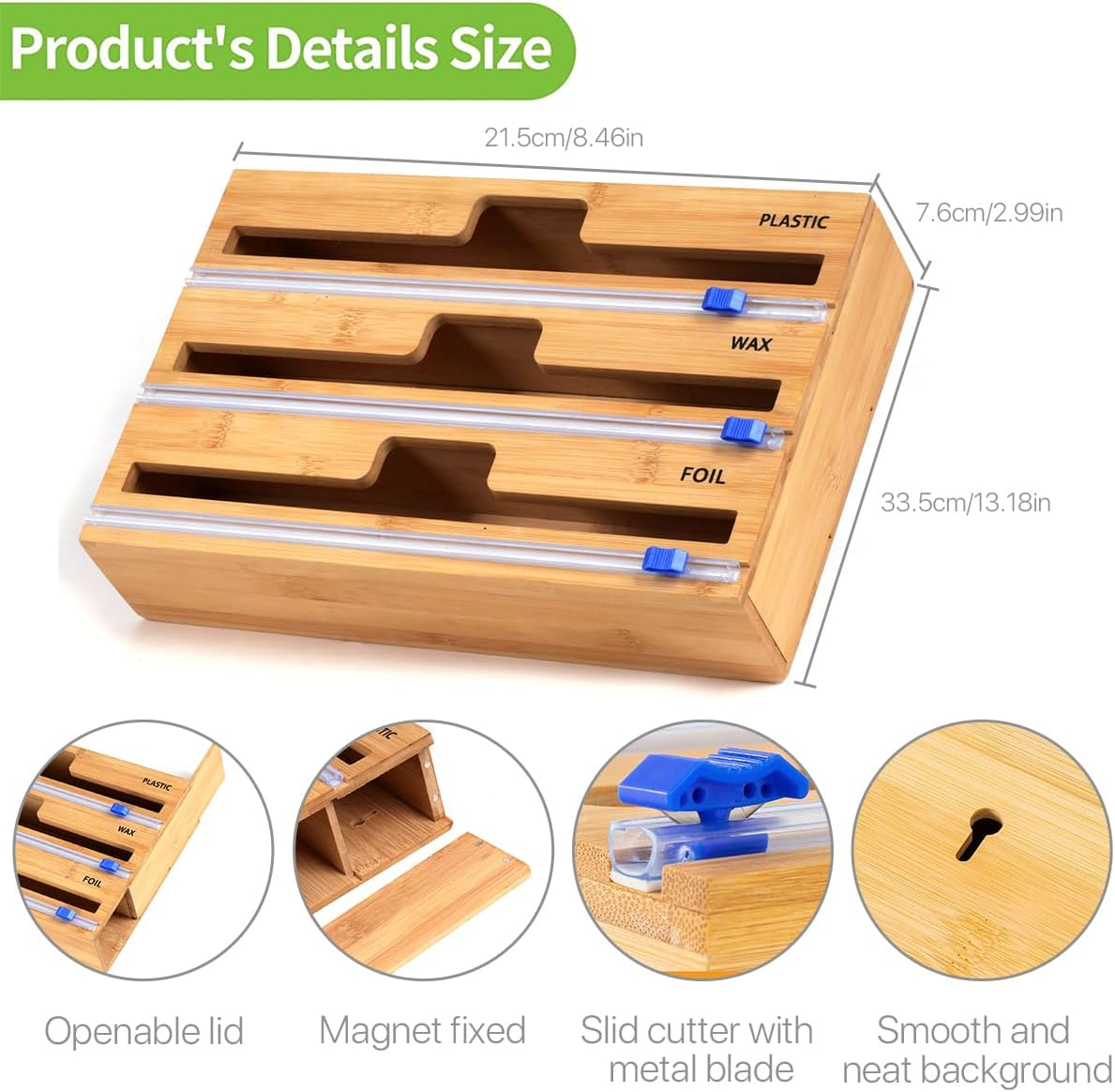 3 in 1 Wrap Dispenser with Cutter, Plastic Wrap, Aluminum Foil and Wax Paper Dispenser for Kitchen Drawer, Bamboo Roll Organizer Holder, Compatible with 12" Roll 2.2" Tall image number 1