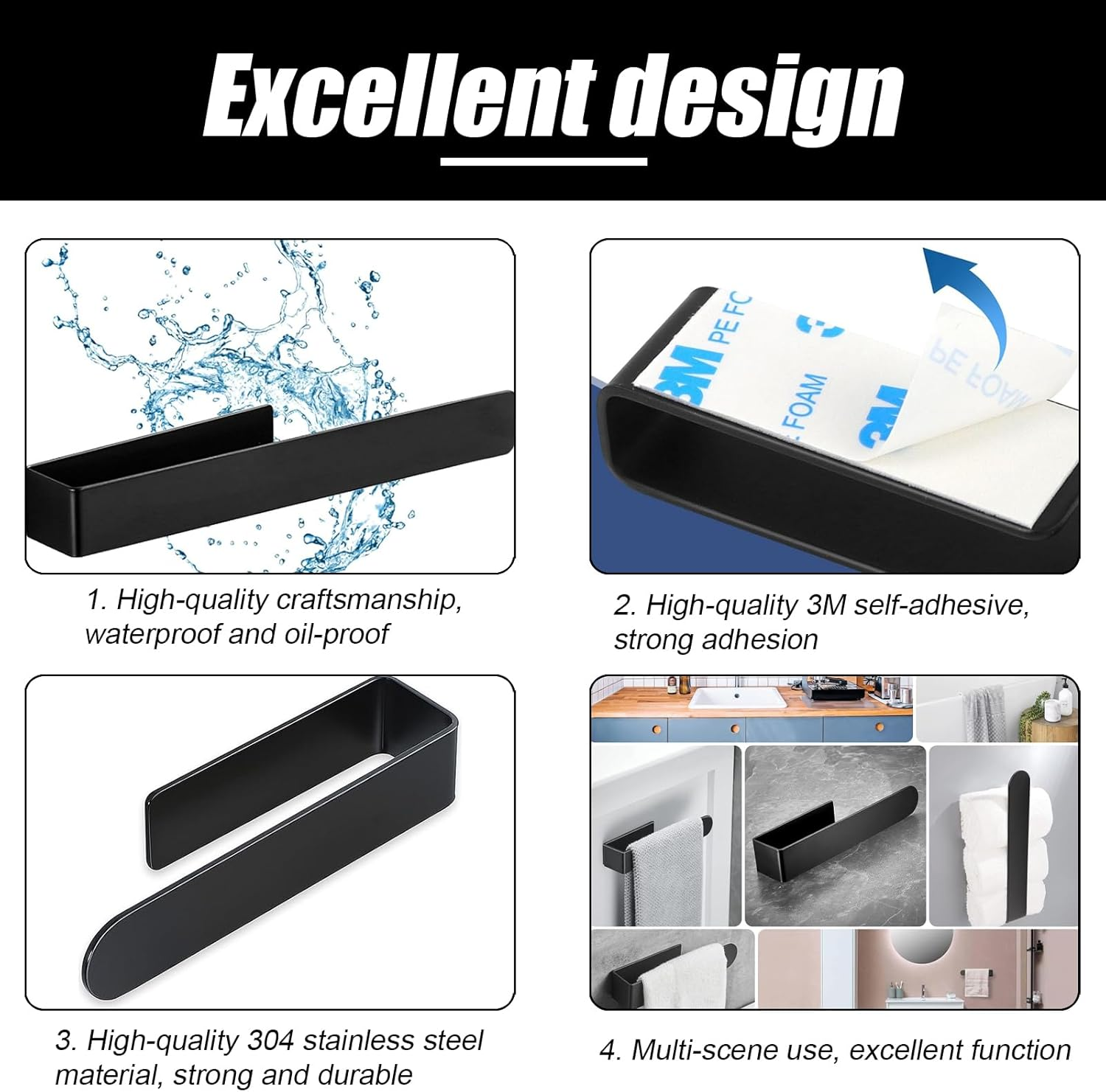 KUBDPQOR Dish Towel Holder, Sink Organiser, Self-Adhesive Tea Towel Holder, Stainless Steel Dish Cloth Holder, with Tea Towels, Black, Tea Towel Holder, Kitchen, Tea Towel Holder, No Drilling Required image number 3