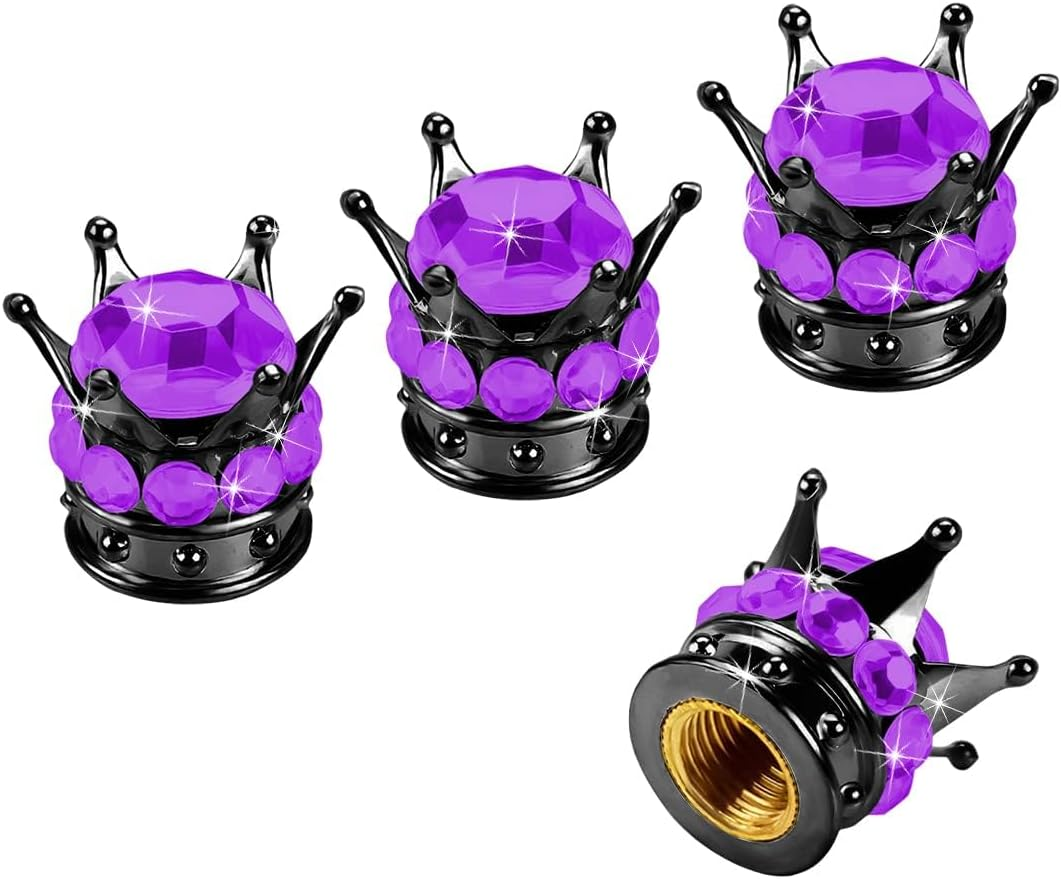Crown Tire Valve Stem Caps, 4Pcs Handmade Bling Rhinestone Car Stem Air Caps Cover, Dustproof Tire Valve Caps for Bike Motorcycle Wheels, Auto Exterior Accessories for Girl Women (Black/Purple)