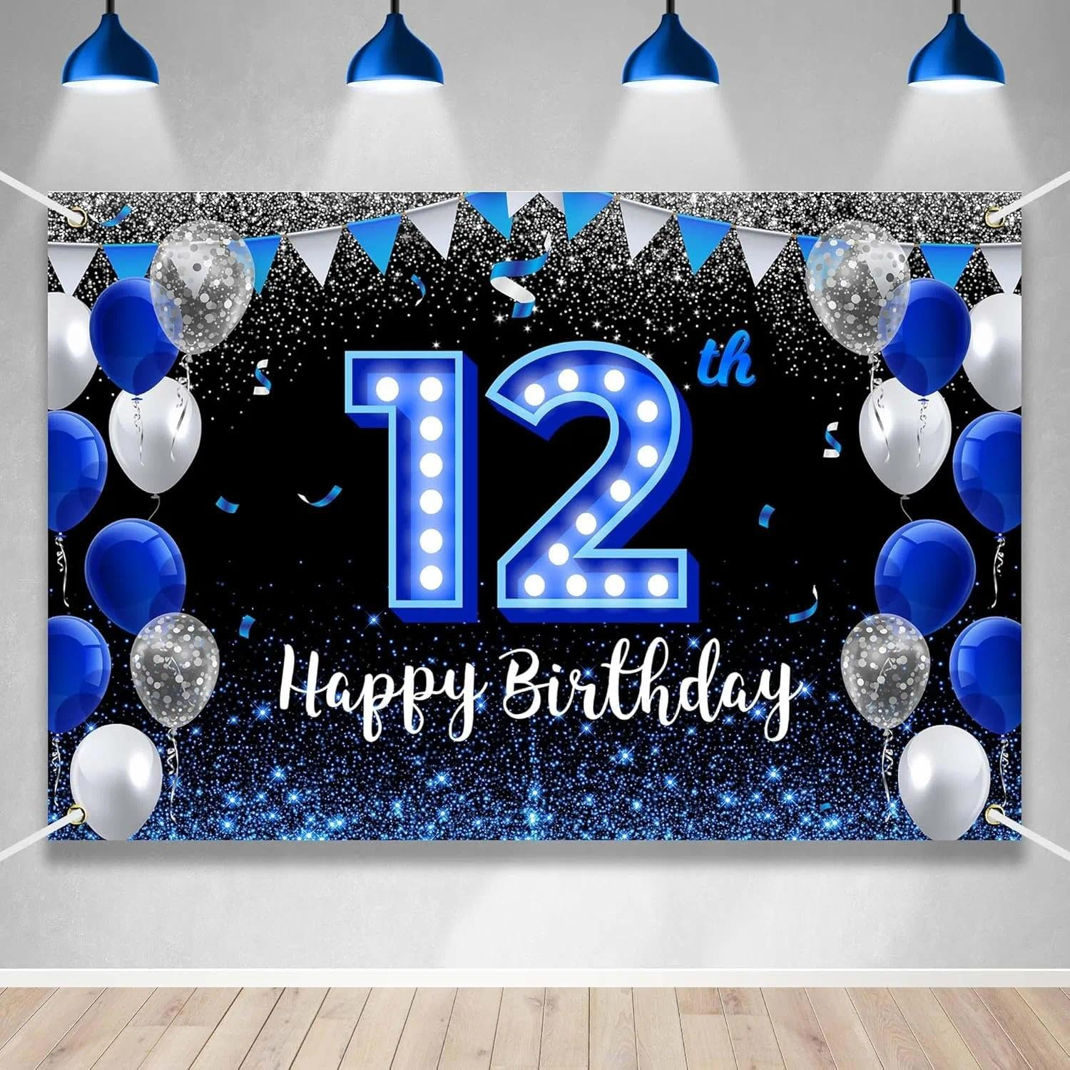 Happy 12Th Birthday Banner for Boys with Blue Neon Light Numbers, Large Party Backdrop Decor for Photo Booth and Wall, Reusable and Easy to Hang - Auroly image number 2