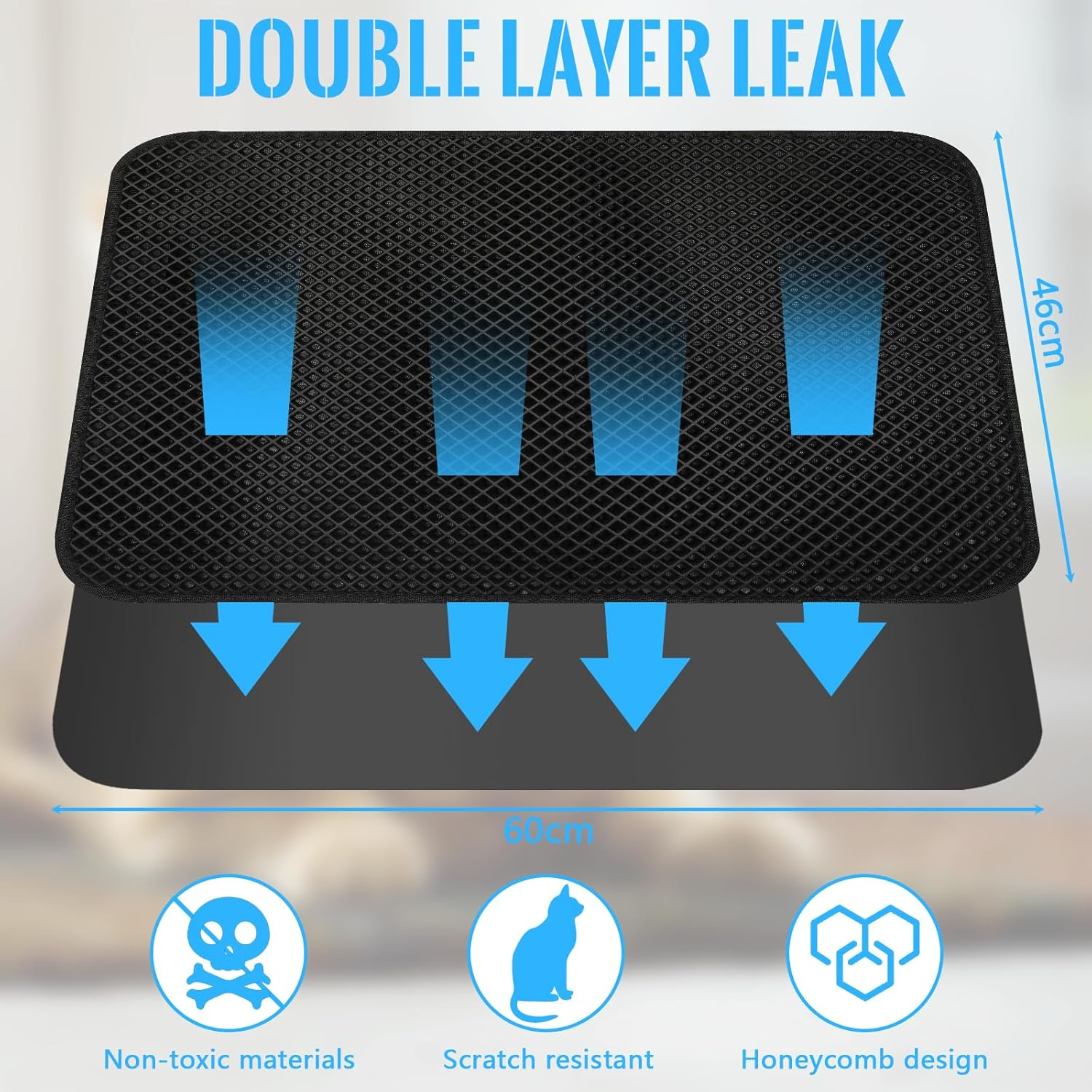 Cat Litter Tray Mat, 46 X 60 Cm Honeycomb Design Cat Litter Mat, Waterproof Double Mat Cat Litter Tray, Foldable Cat Litter Mat, Cat Litter Mat, Black image number 6