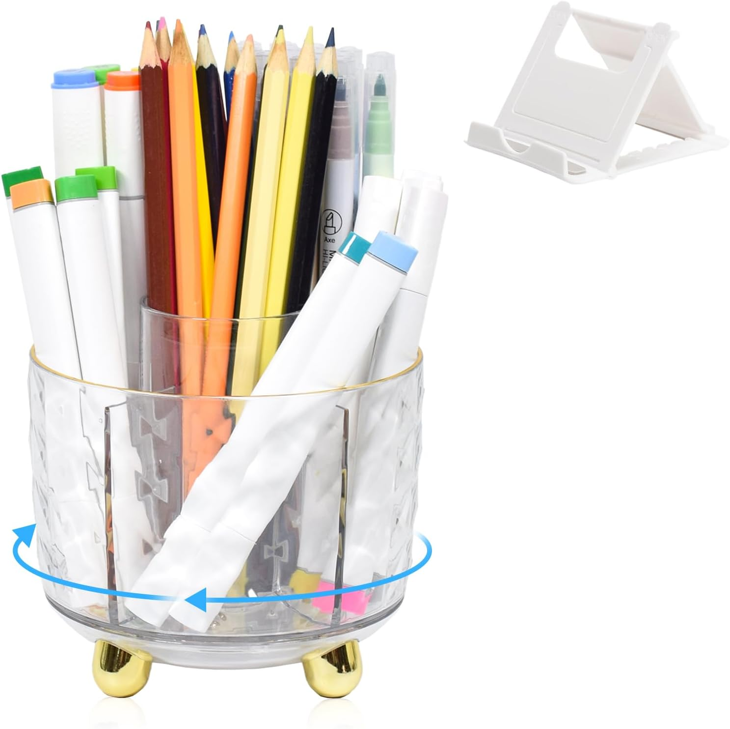 Marte Vanci Pen Pencil Holder, 360&deg; Rotating Makeup Organiser Brush Holder with Phone Stand, Pen Pot Brush Organiser 5 Slots Desk Storage Box Caddy for Dressing Table Office Stationery Clear Gold