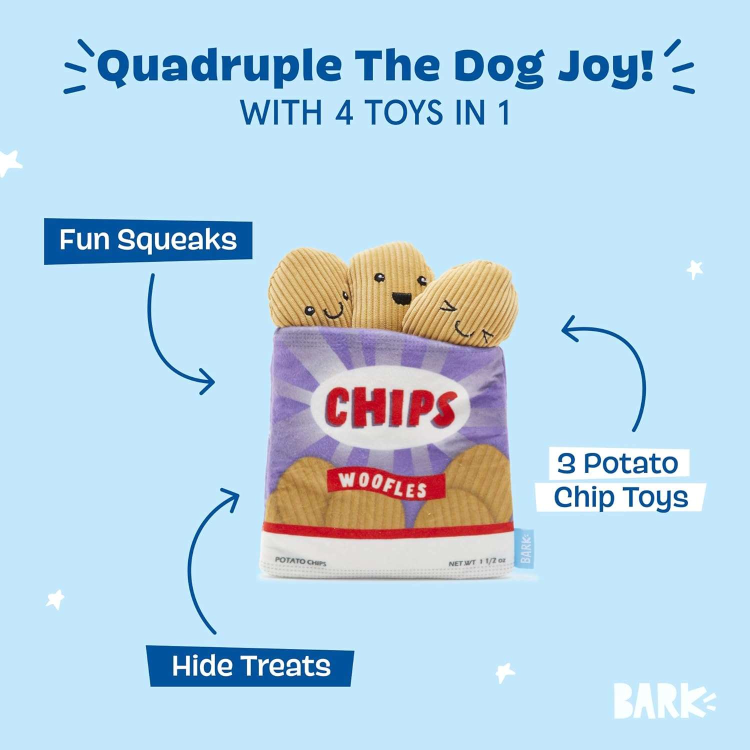 Barkbox 2 in 1 Interactive Plush Dog Toy - Rip and Reveal Dog Toy for Small Dogs - Stimulating Squeaky Pet Enrichment and Puppy Toys | Woofles Potato Chips (Small) image number 4