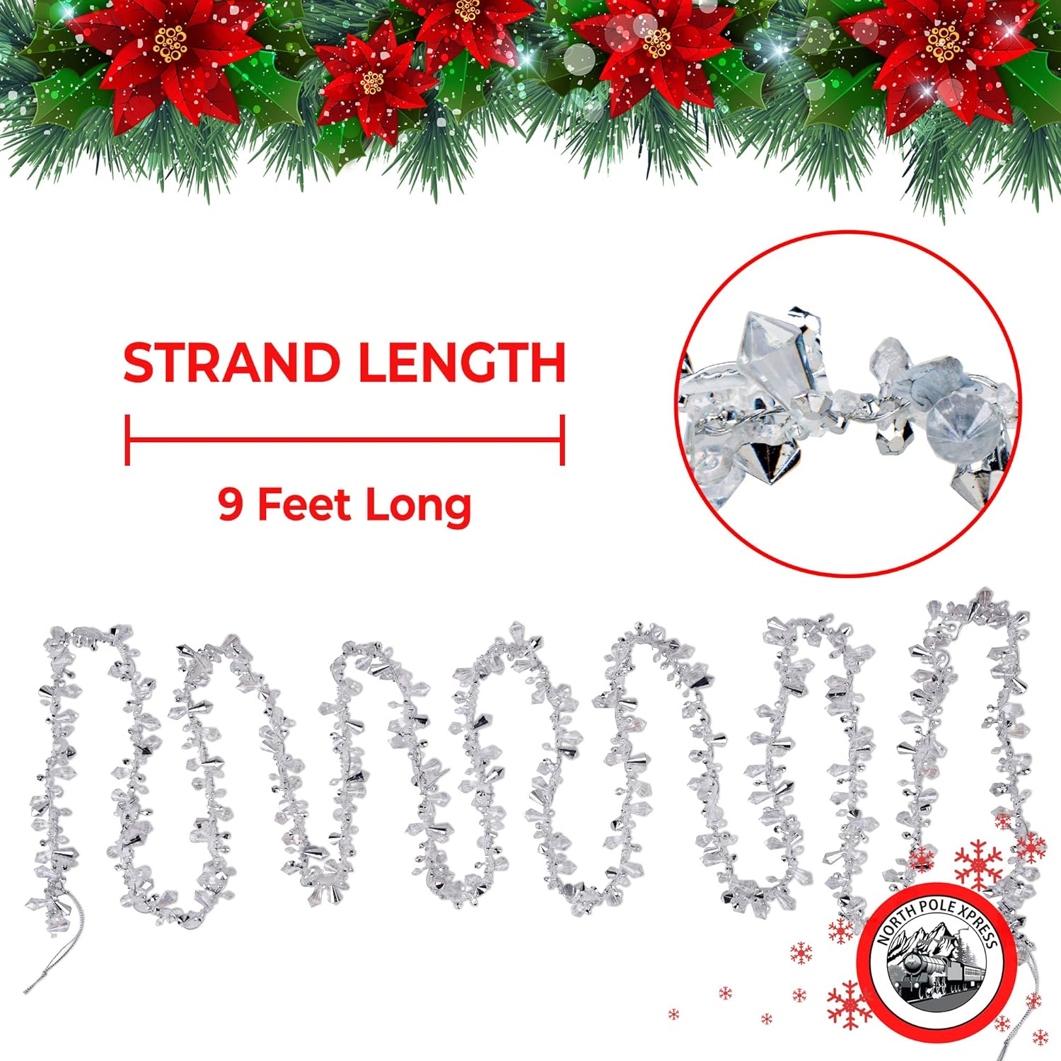 9 Foot Silver & Clear Crystal Acrylic Bead Christmas Garland | Iridescent Christmas Tree Garland Perfect for White Winter Theme Trees | Garland Christmas Decorations for Indoor Use image number 1
