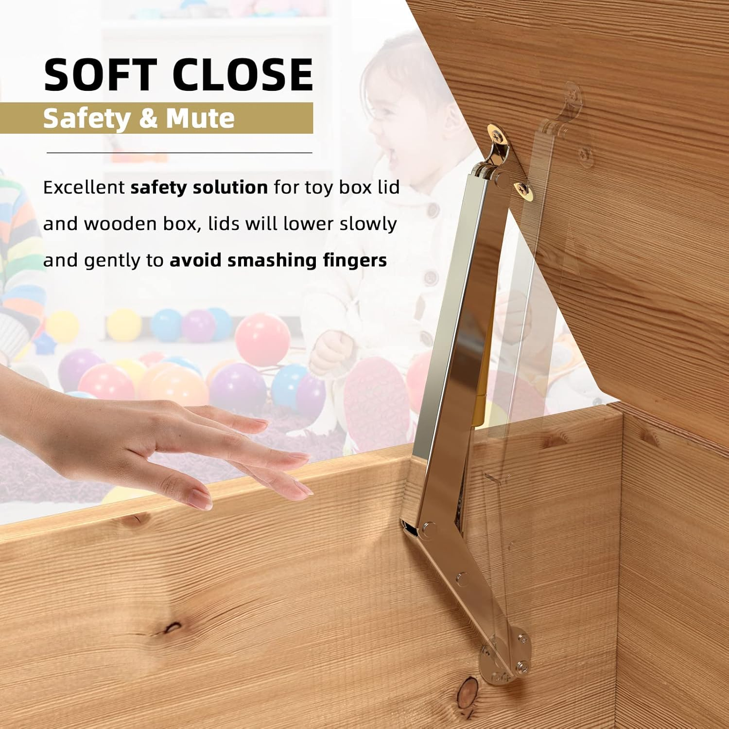 KOMOHOM(2PCS) Lid Support Hinge Soft Close Toy Box Hinges 200N Gas Struts Heavy Duty Soft Close Lid Support Hinges Lid Buffer for Wooden Box Toy Boxes Beds and Heavy Lid, Wooden Toy Box Hardware image number 2
