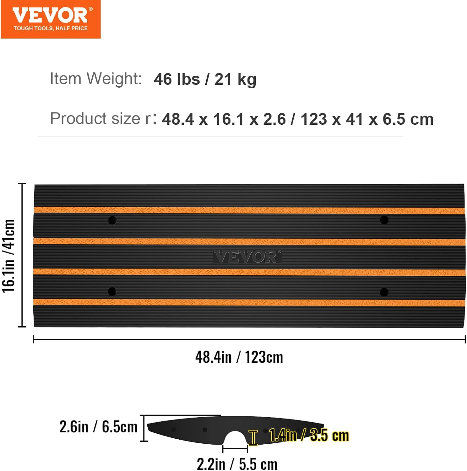 VEVOR 2 Pack Rubber Curb Ramp, 6.5 Cm Rise, 15 Tons Weight Capacity, Expandable Full Ramp Set
