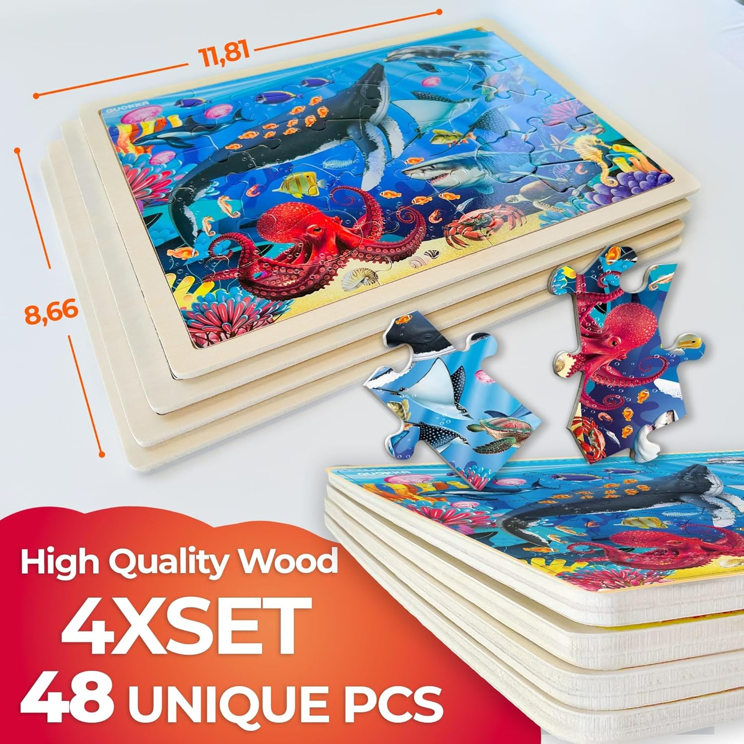 QUOKKA 4SET Puzzles for Kids Ages 4-6 - 48 Pcs Wooden Toddler Realistic Montessori Puzzles Ages 3-5 - Wild Animals Africa Ocean Farm Learning Games for Boys and Girls 4-8 Year Olds image number 4