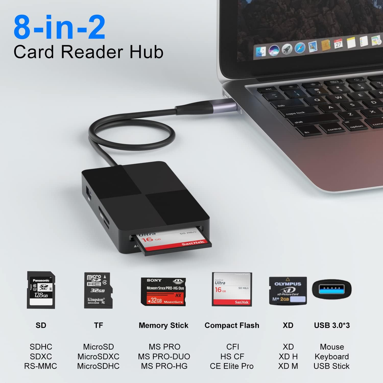 USB C USB3.0 Multi Card Reader Hub, USB 3.0 Memory Card Adapter with Multiport Hub of 3 USB3.0, 5 Memory Cards for XD, CF, MS, SDXC, SDHC, MMC, Micro SDXC, Microsd, Micro SDHC, UHS-I image number 2
