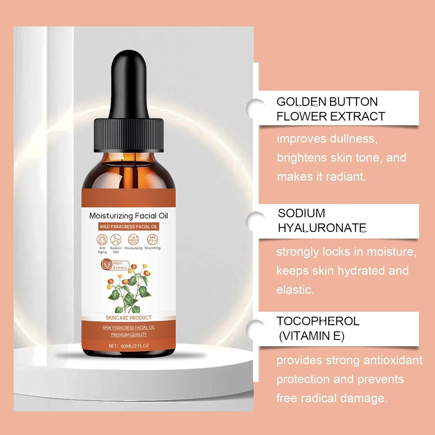 Paracress Facial Oil, 100% Organic anti Aging Face Oil, Wrinkle Reduction Moisturizing Serum, Hydrating Brightening Natural Oil for All Skin Types (2Pcs) - 4Pcs image number 7