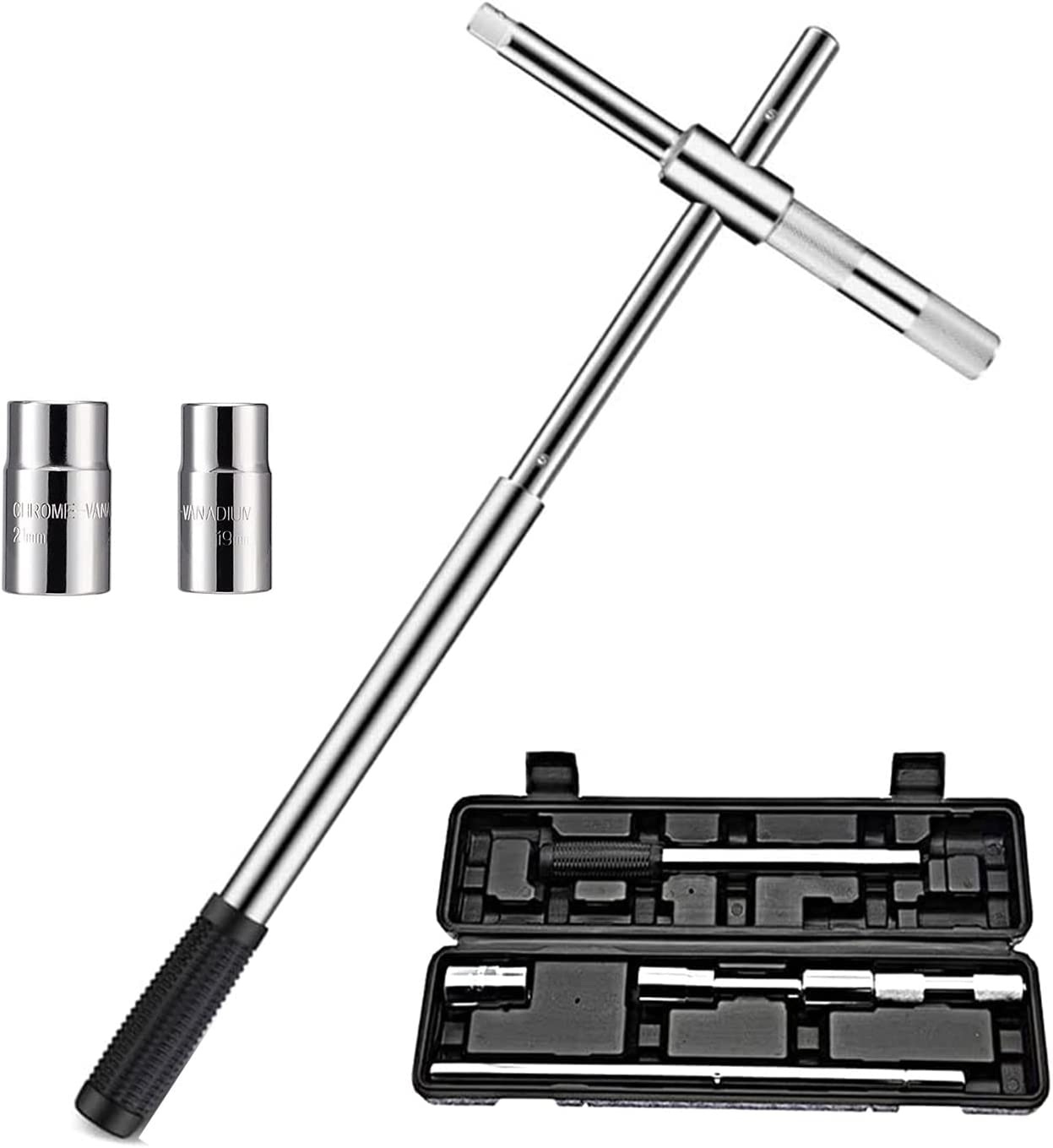 23" Universal Extended Telescoping Lug Wrench, 4 Way Tire Iron Nut Wrench Set with Storage Box and Standard Sockets(17Mm/19Mm/21Mm/23Mm), Wheel Wrench for Repair Car Vehicle Auto Tire Nut Wrench