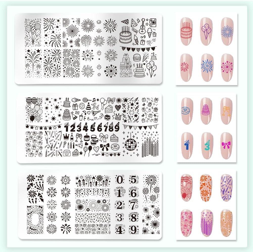 PH Pandahall 3Pcs Birthday Party Nail Stamping Plates Fireworks Pattern Nail Art Stencils Cake Number Manicure Art Templates Celebration Elements Nails Image Plates for Women Manicures Design Print image number 2