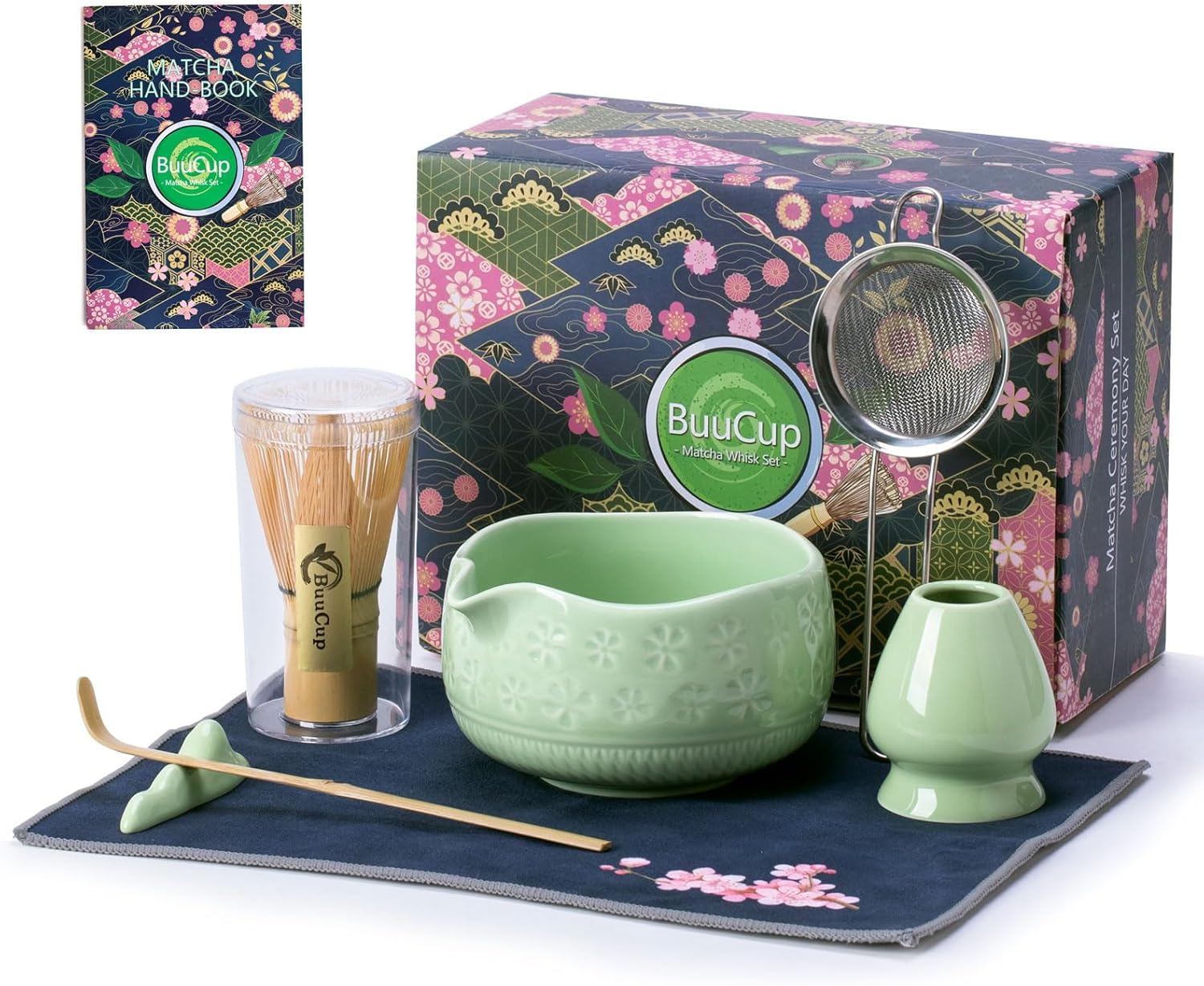 Matcha Whisk Set, Ceramic Matcha Set Includes Matcha Bowl, Matcha Whisk and Holder, Bamboo Scoop, Scoop Rest, Sifter and Tea Towel - 7 Pcs Matcha Kit for Matcha Lovers (Pink)