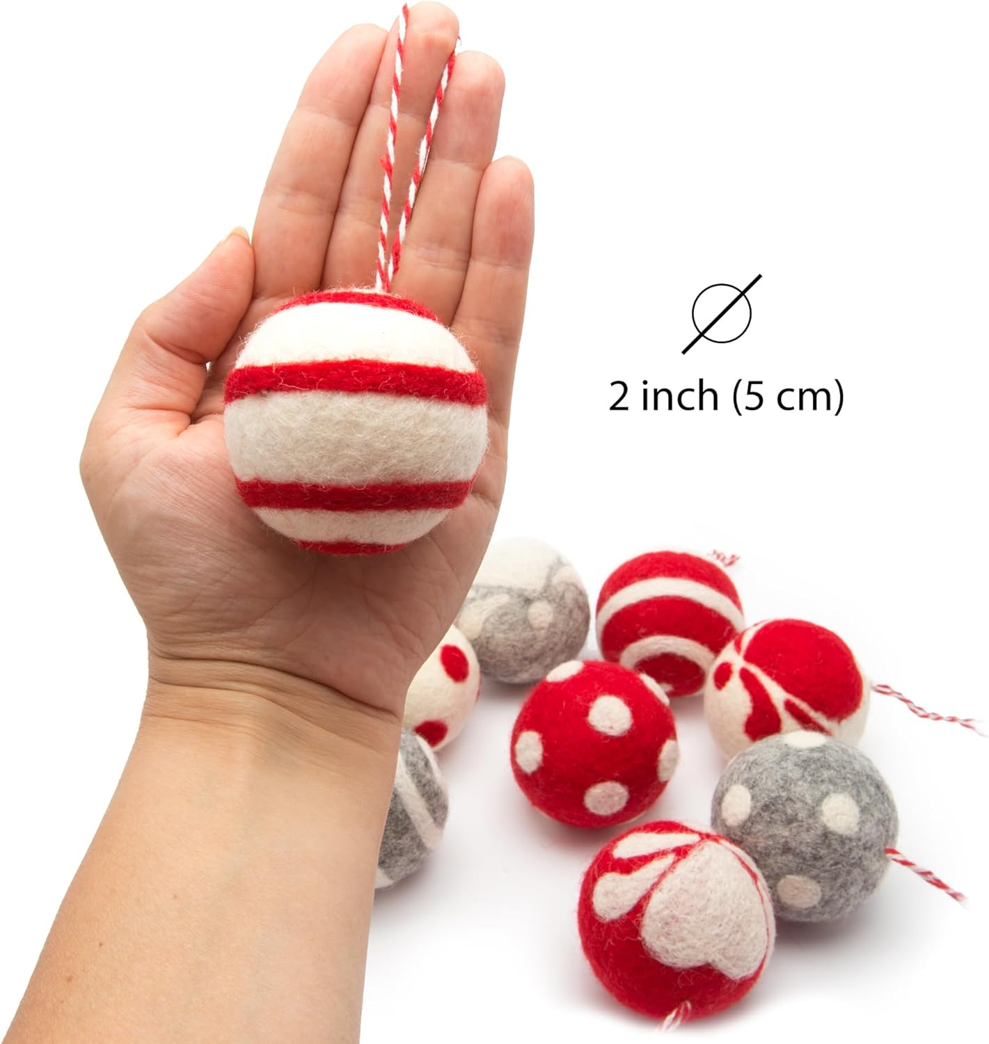 Glaciart One Felt Balls Christmas Ornaments (9 Pieces) 2 Inch (5 Cm), 100% New Zealand Wool, 3 Colors Hand-Felted in Nepal - Christmas Party Banner Decoration - Scandinavian Wool Snowflake image number 6
