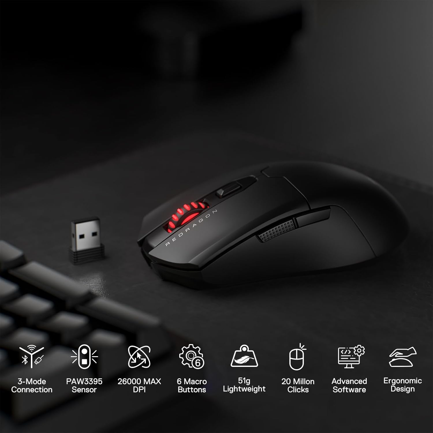 Redragon M995 Wireless Gaming Mouse, 26000 DPI Wired/Wireless Mouse with 3 Mode Connection, BT & 2.4G Wireless, 6 Macro Buttons, Durable Power Capacity for Pc/Mac/Laptop, Black image number 6