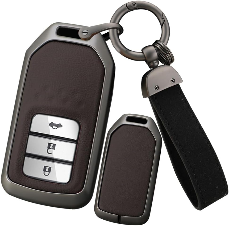 Ontto Alloy Leather Remote Key Fob Cover Fit for Honda Accord Civic CR-V Fit HR-V Pilot EX Odyssey Crosstour Ridgeline 2/3/4 Buttons Key Shell Case Keyring Key Holder Bag Keychian Accessories