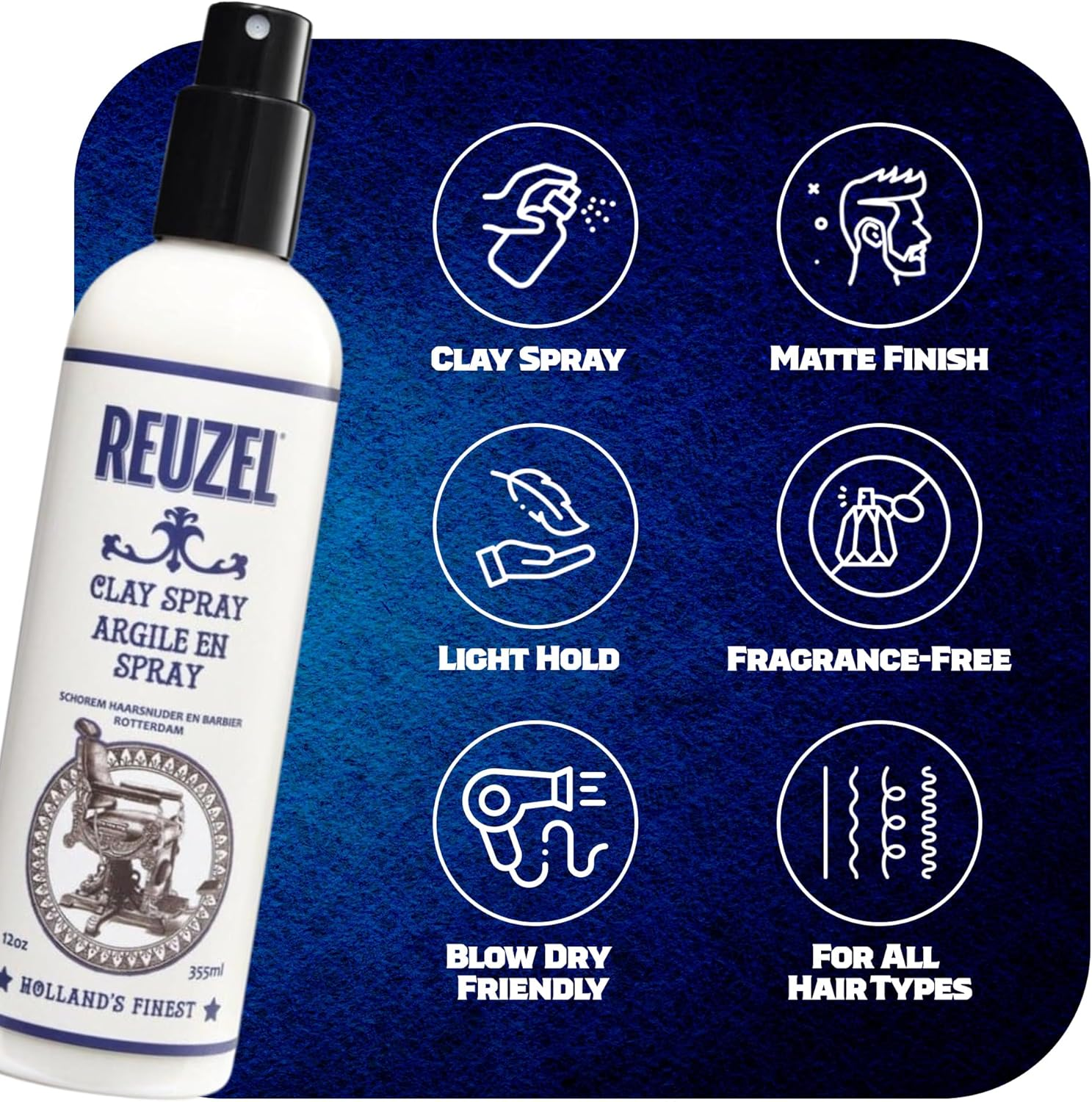 Reuzel Clay Hairspray for Men - Fragrance Free - Helps Control Frizz - Adds Texture and Definition - Helps Achieve Dry, Gritty, Lived-In Look - Flexible Hold - Suitable for All Hair Types - 355 Ml image number 4