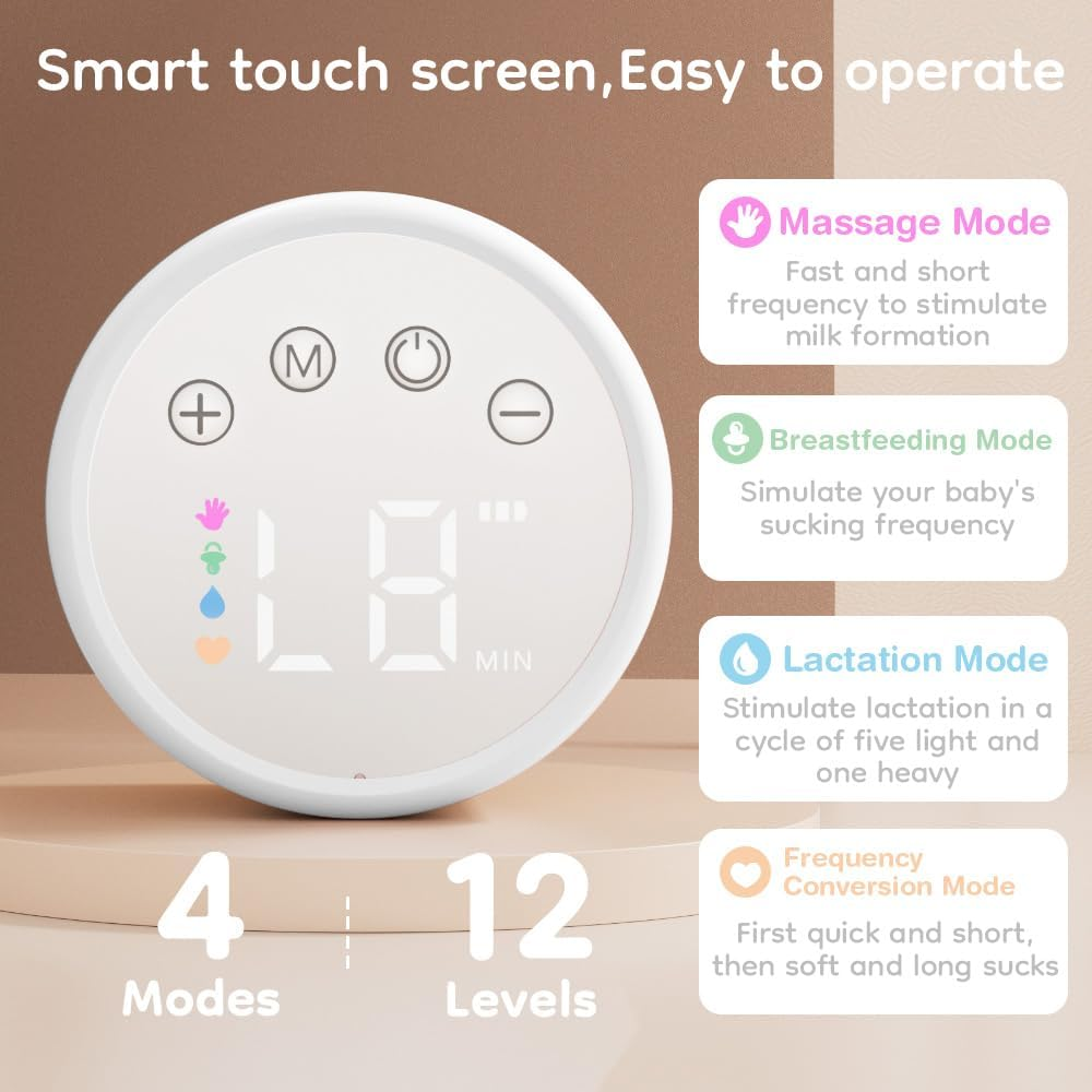 Hands-Free Breast Pump EB29 White, Wearable Pump with Comfortable Double-Sealed Flange(19Mm 24Mm 27Mm), Painless & Silent, 4 Modes & 12 Levels Memory Function for Easy Pumping, Smart Display，8-Piece Set, White