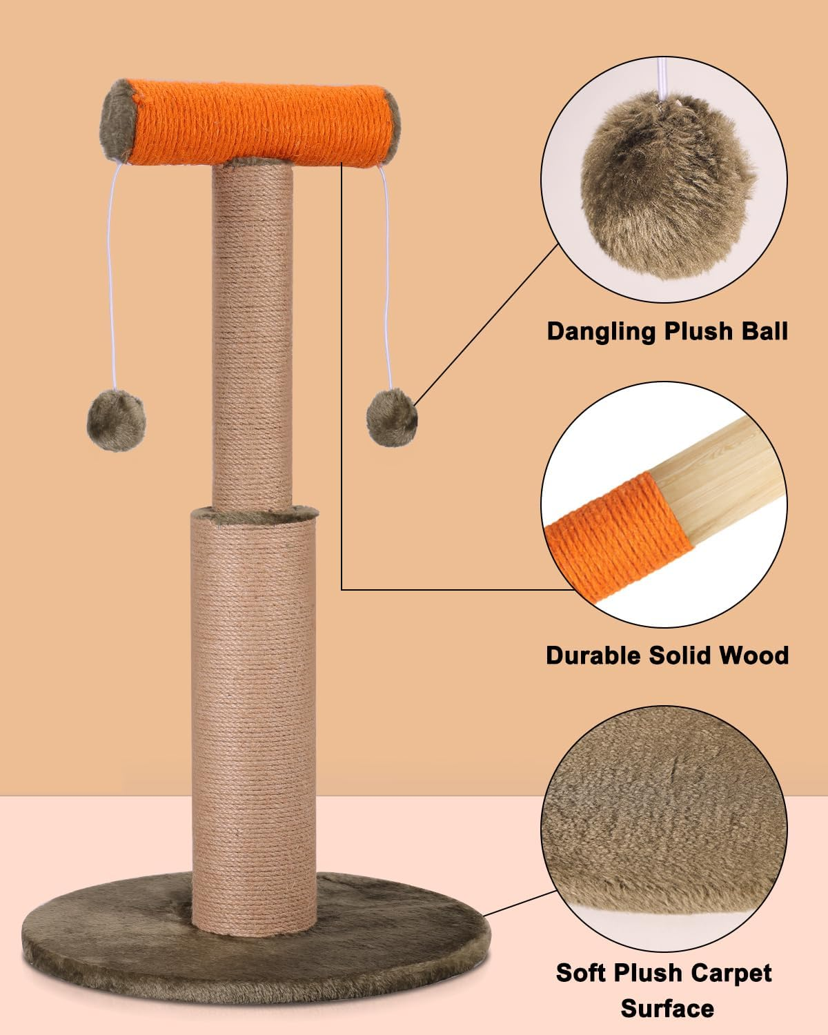 Cat Scratching Post, 29.5&rdquo; Tall Scratch Posts Sisal Scratcher with Hanging Plush Ball Toys for Indoor Adult Cats & Kittens image number 3