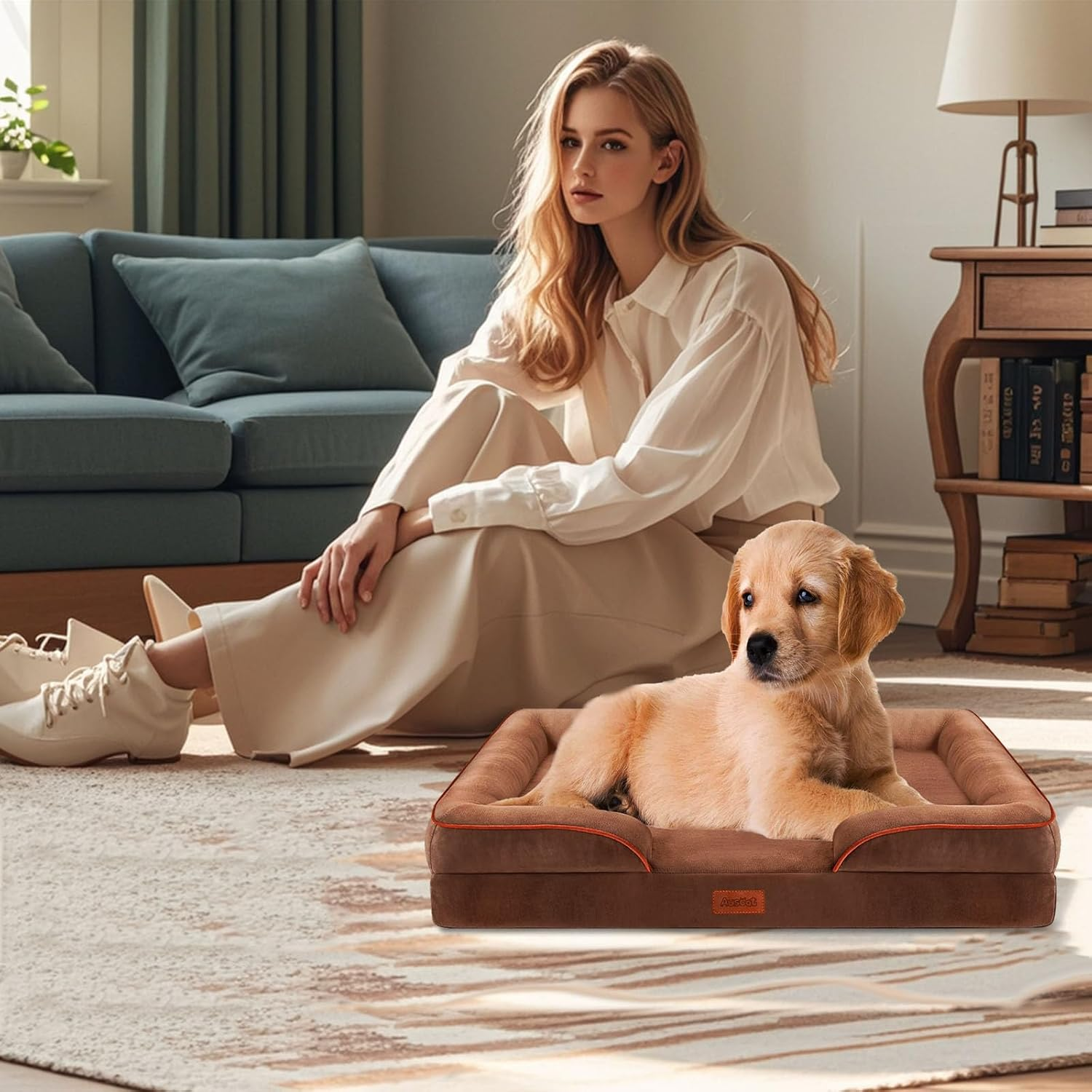 AUSCAT Dog Bed for Small Dogs -Foam Sofa, Waterproof Lining and Nonskid Bottom Couch (Brown)