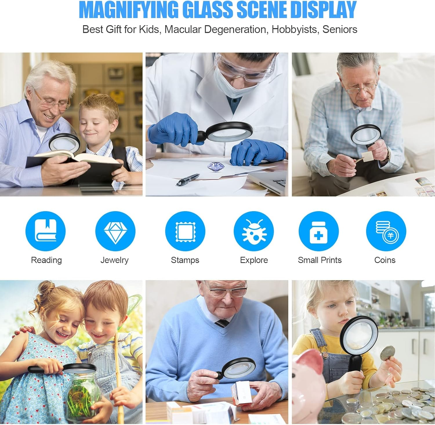 Rechargeable Magnifying Glass with Light, 30X 4.7IN Handheld Large Lightweight Lighted Magnify Lens 21 LED 3 Modes Illuminated Book Magnifier for Kids,Seniors,Reading,Inspection,Coin,Jewelry image number 2
