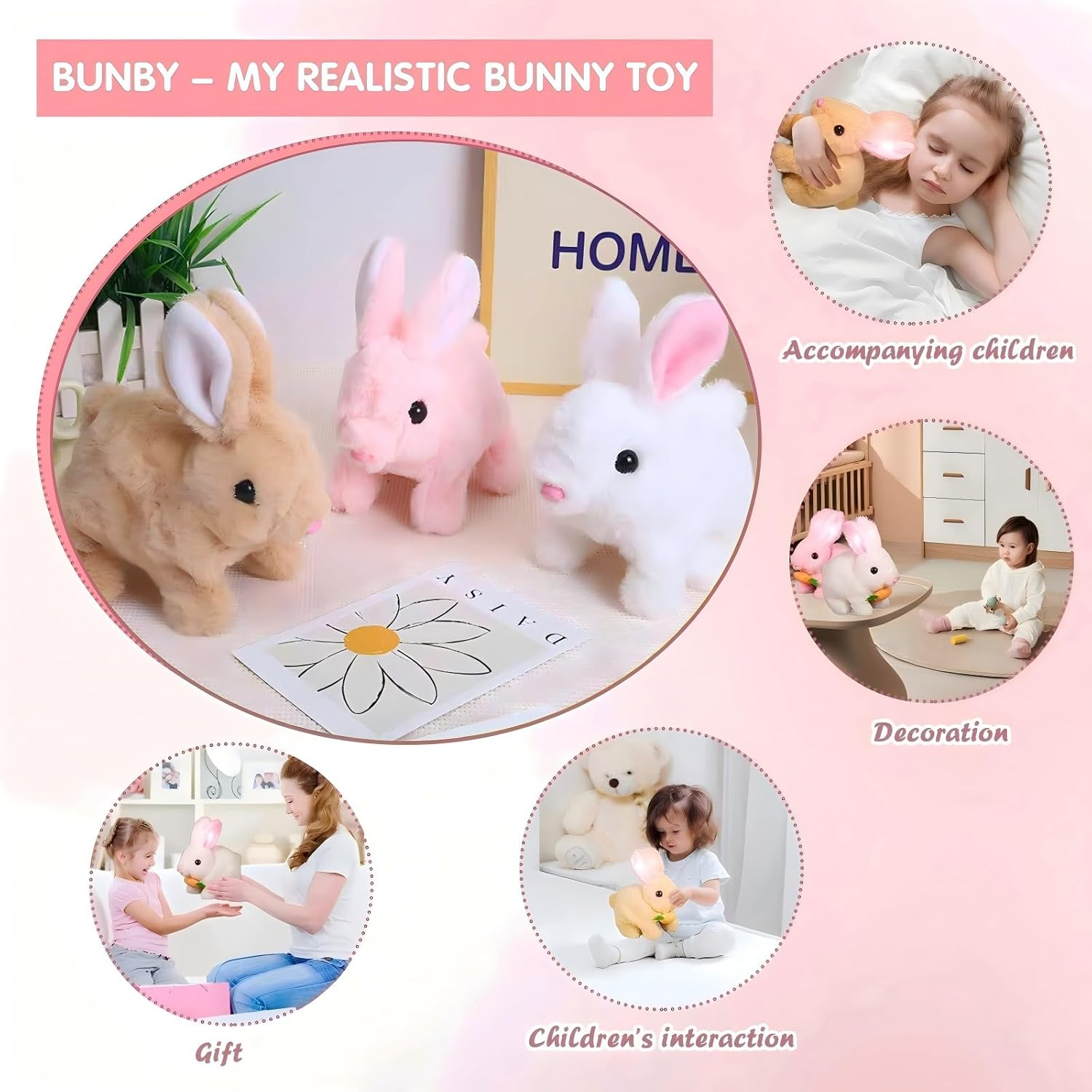 Bunny Toy - 2Pcs Easter My Realistic Bunny Toy, Plush Interactive Rabbit Toys - Can Walk, Talk,Jumping, Twitching, and Shaking Ears, Bunbi Realistic Toys (White & Pink) image number 2