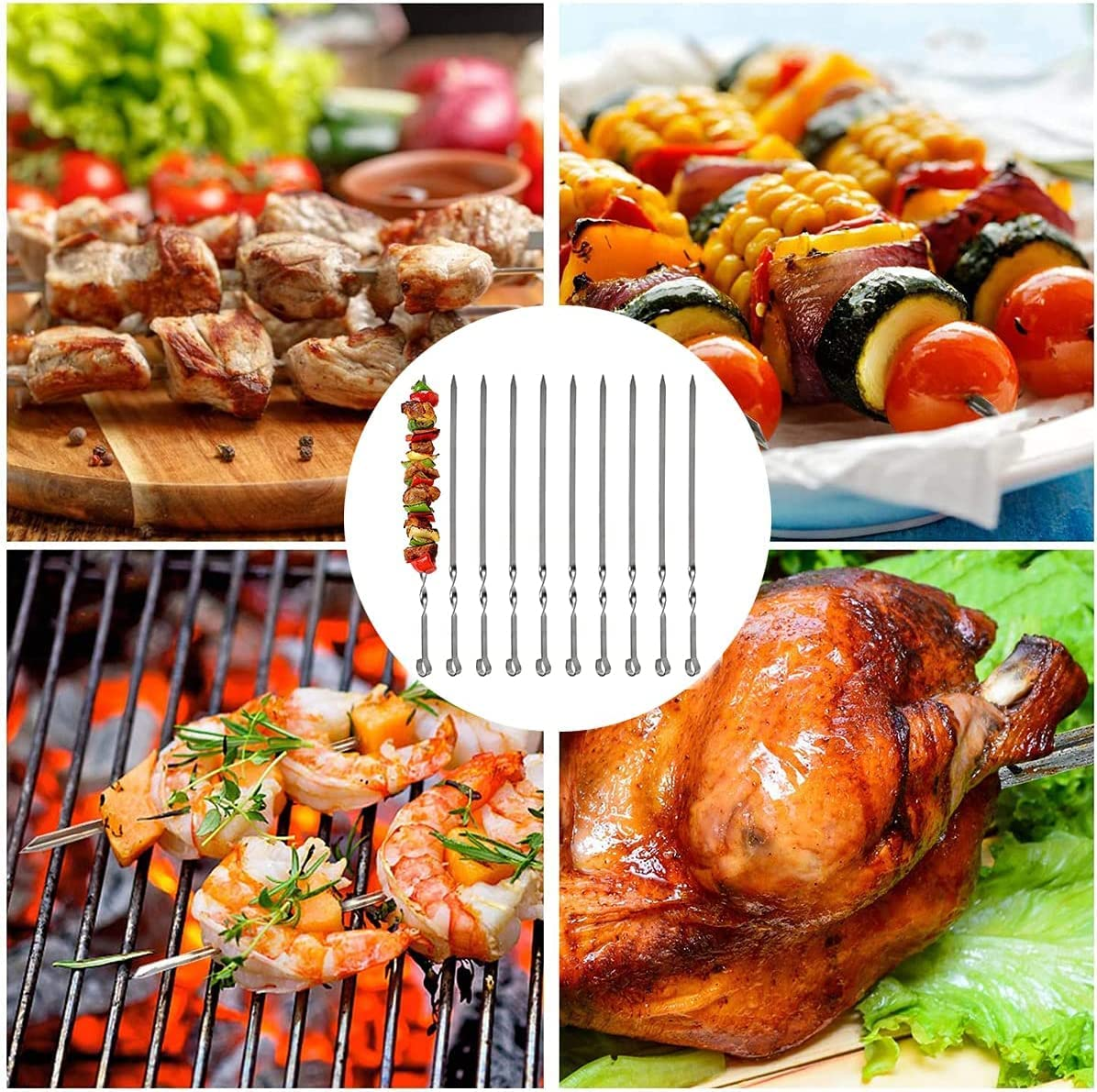Barbecue Skewers, 10 PCS Flat Long Reusable Steel Metal Skewers for BBQ Grilling, Roasting (Length 30Cm/11.81In) image number 4