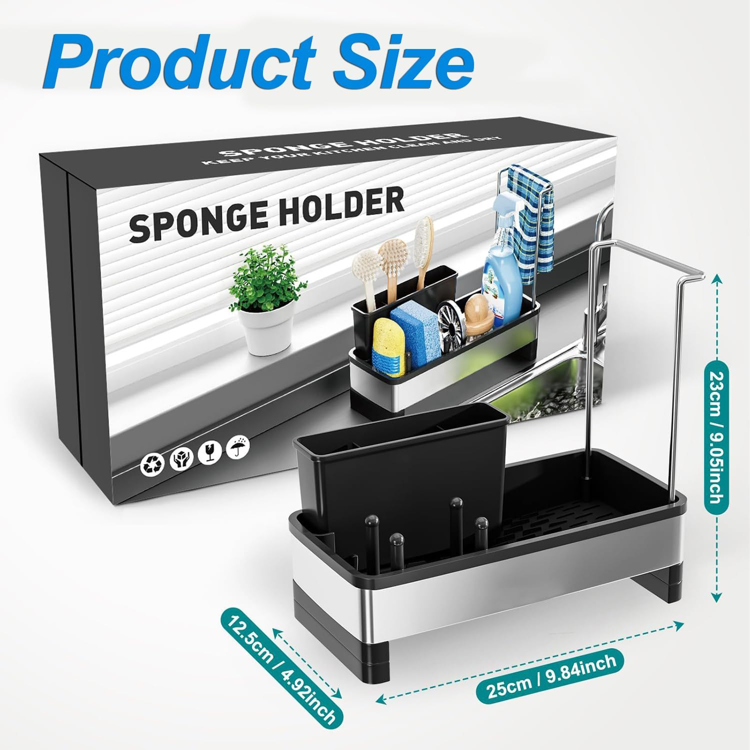 AIMANWEI Kitchen Sink Caddy Organiser,Sponge Holder for Kitchen Sink with Self Draining Tray,Rag Holder,Brush Holder,304 Stainless Steel,Soap Dispenser Storage Accessories for Storage image number 4