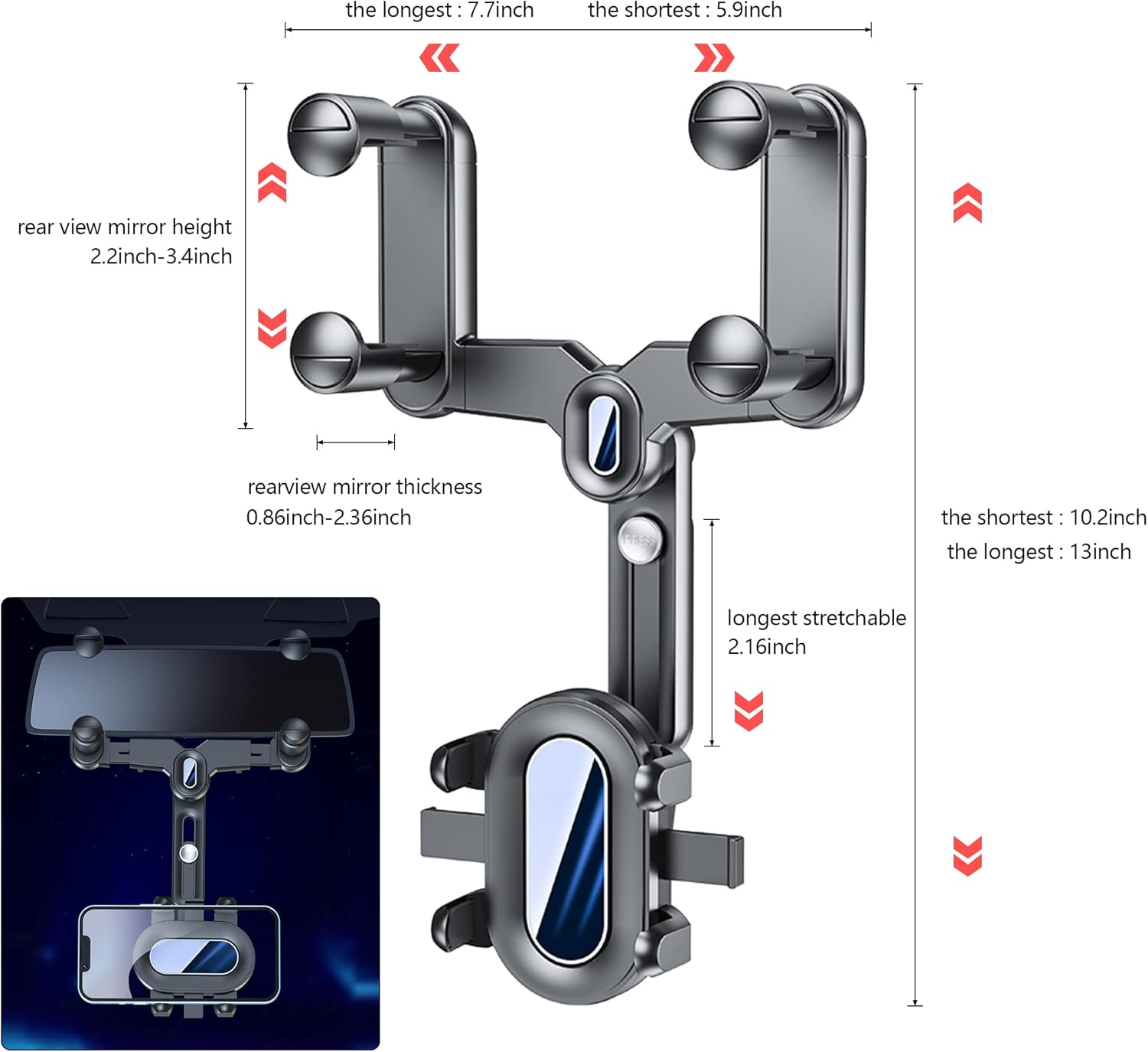 Turcee Car Rearview Mirror Navigation Phone Holder, 360 Rotatable and Retractable, for Iphone, Samsung Galaxy & All Smartphones image number 4